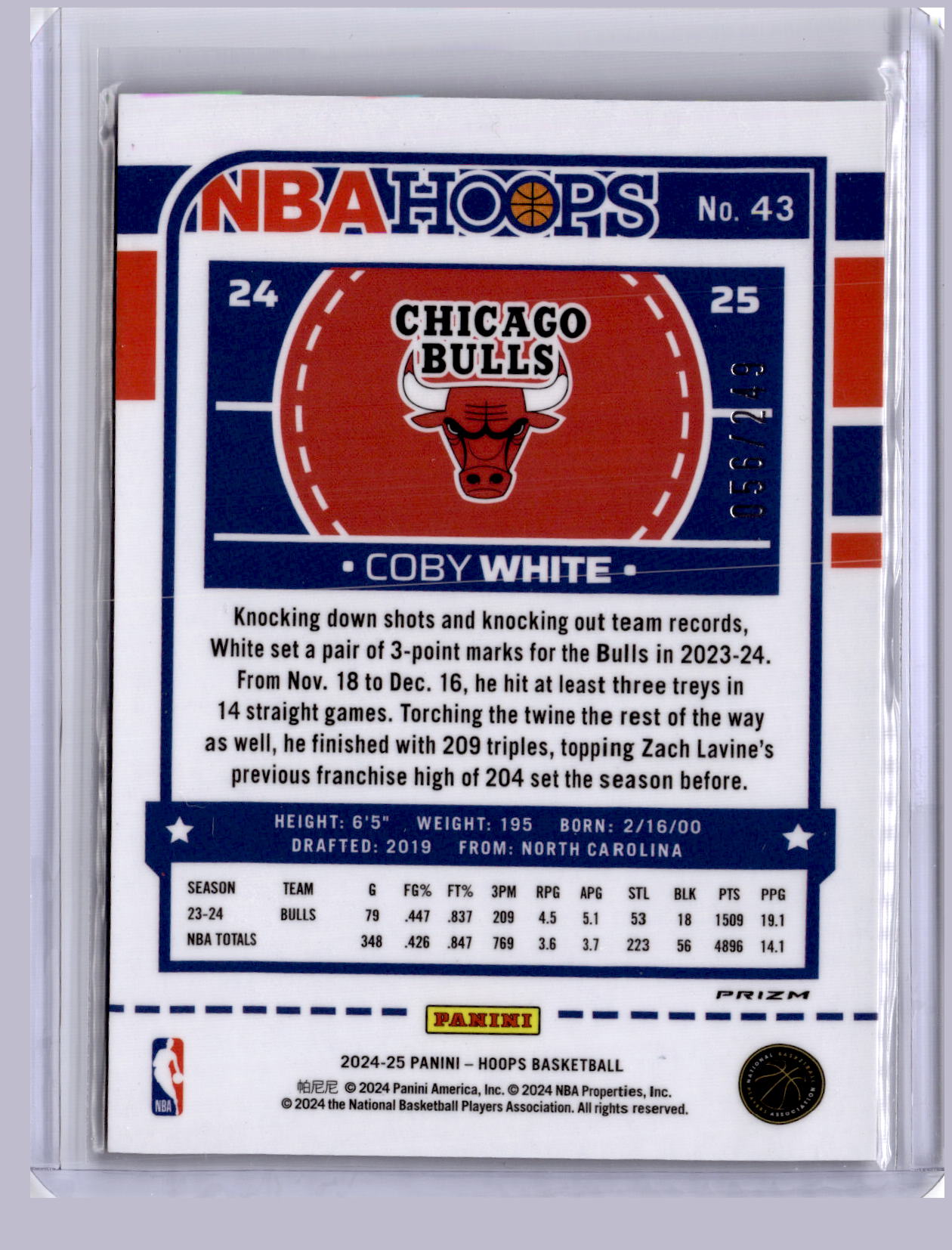 Coby White 2024 Panini Hoops Purple Prizm 056/249
