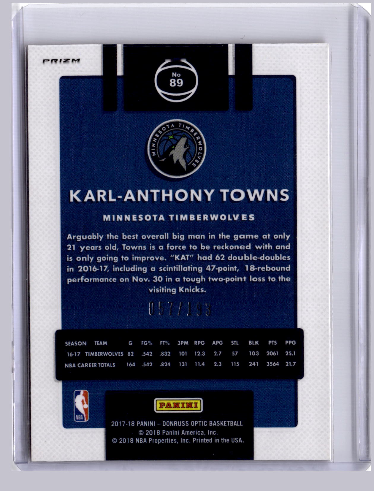 Karl-Anthony Towns 2017-18 Panini Donruss Optic Orange Fast Break 57/193
