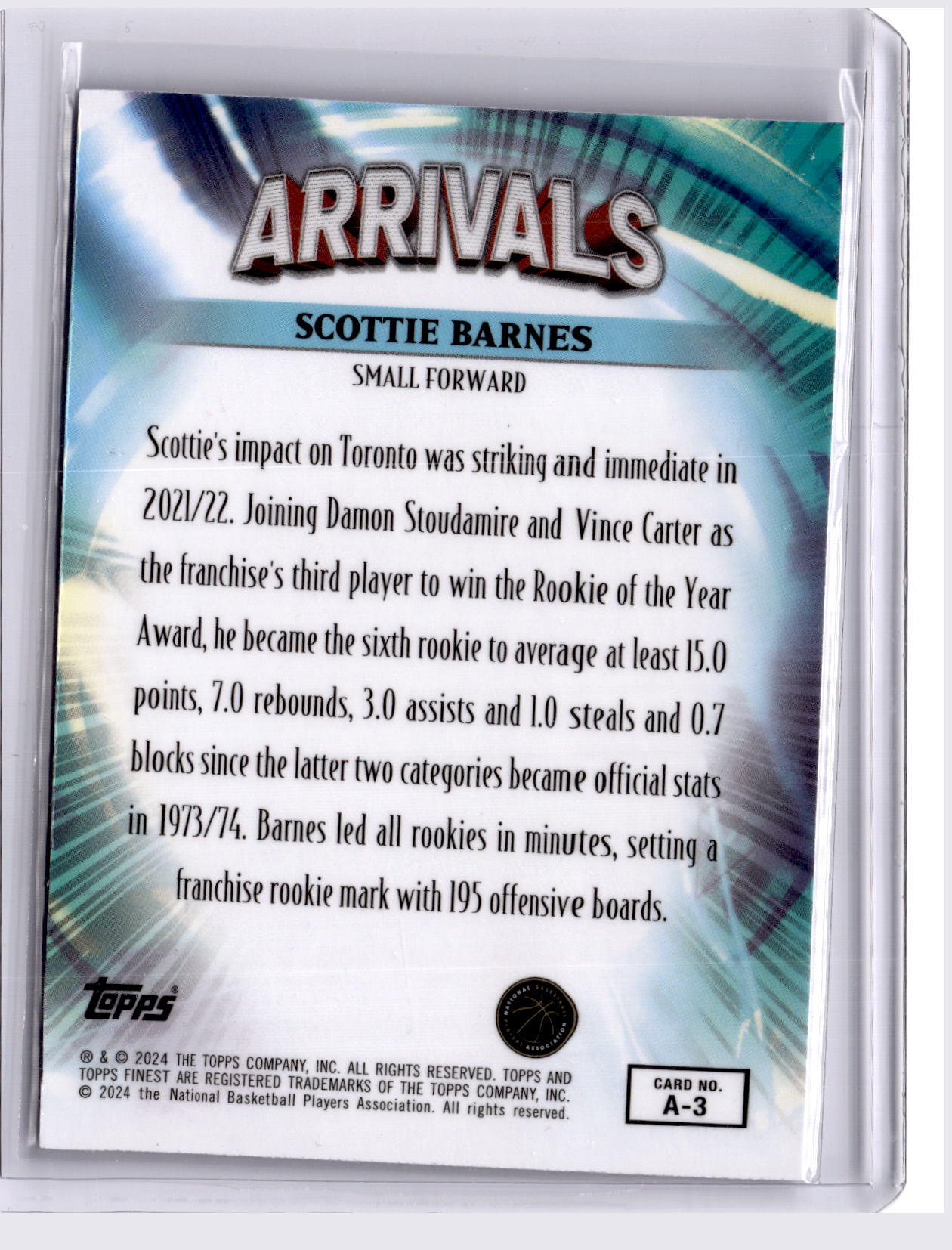 Scottie Barnes 2023-24 Topps Finest Arrivals X-Fractor