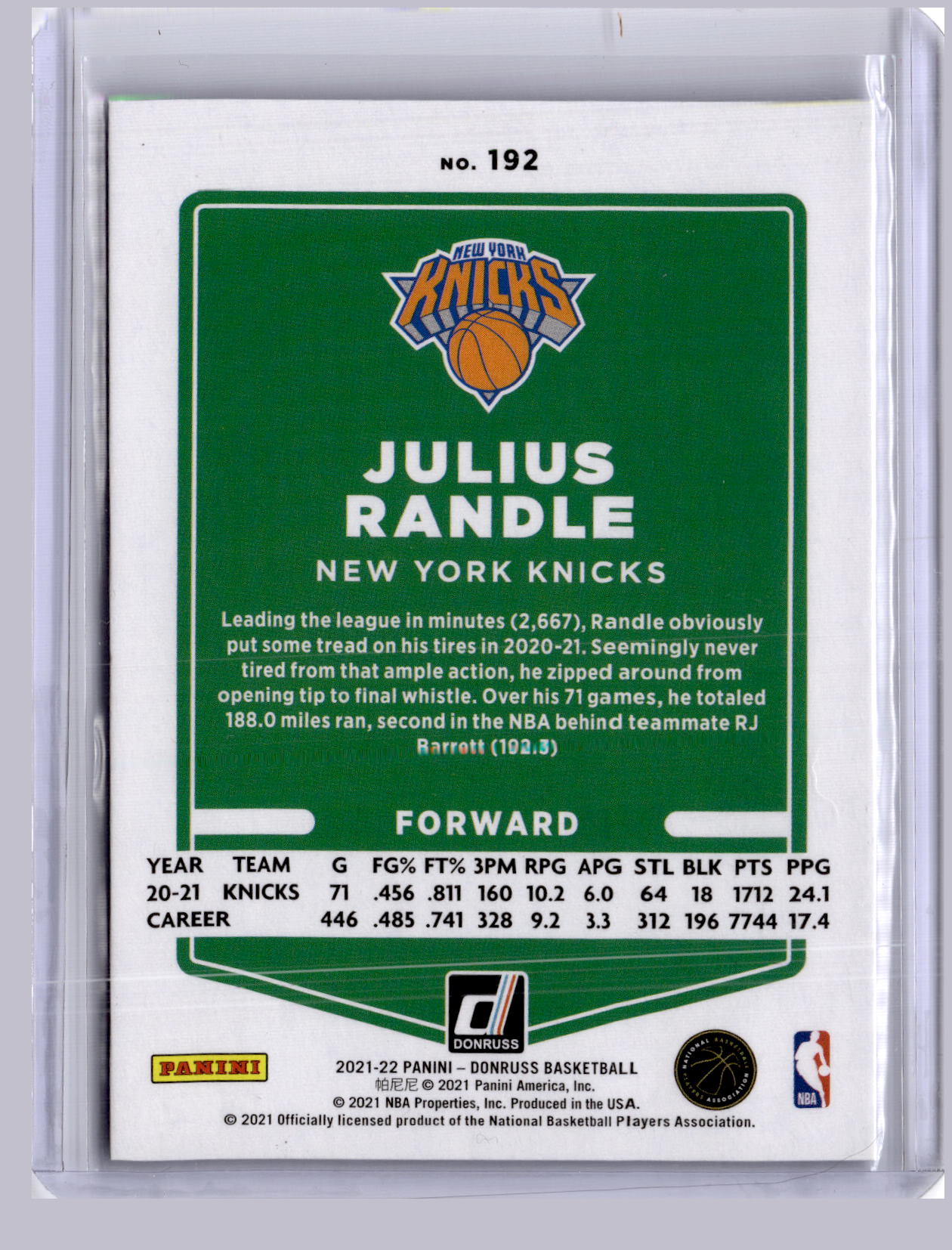 Julius Randle 2021-22 Panini Donruss Light Blue Holo Laser 33/60