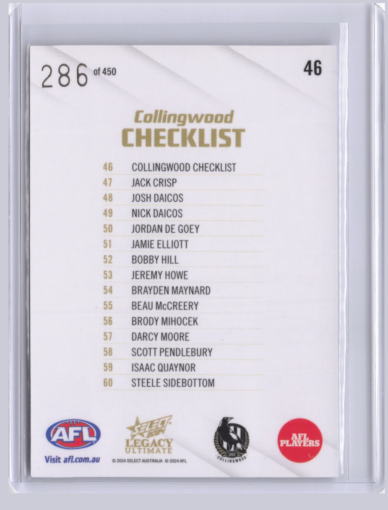 Collingwood Checklist 2024 Select Legacy Ultimate 286/450