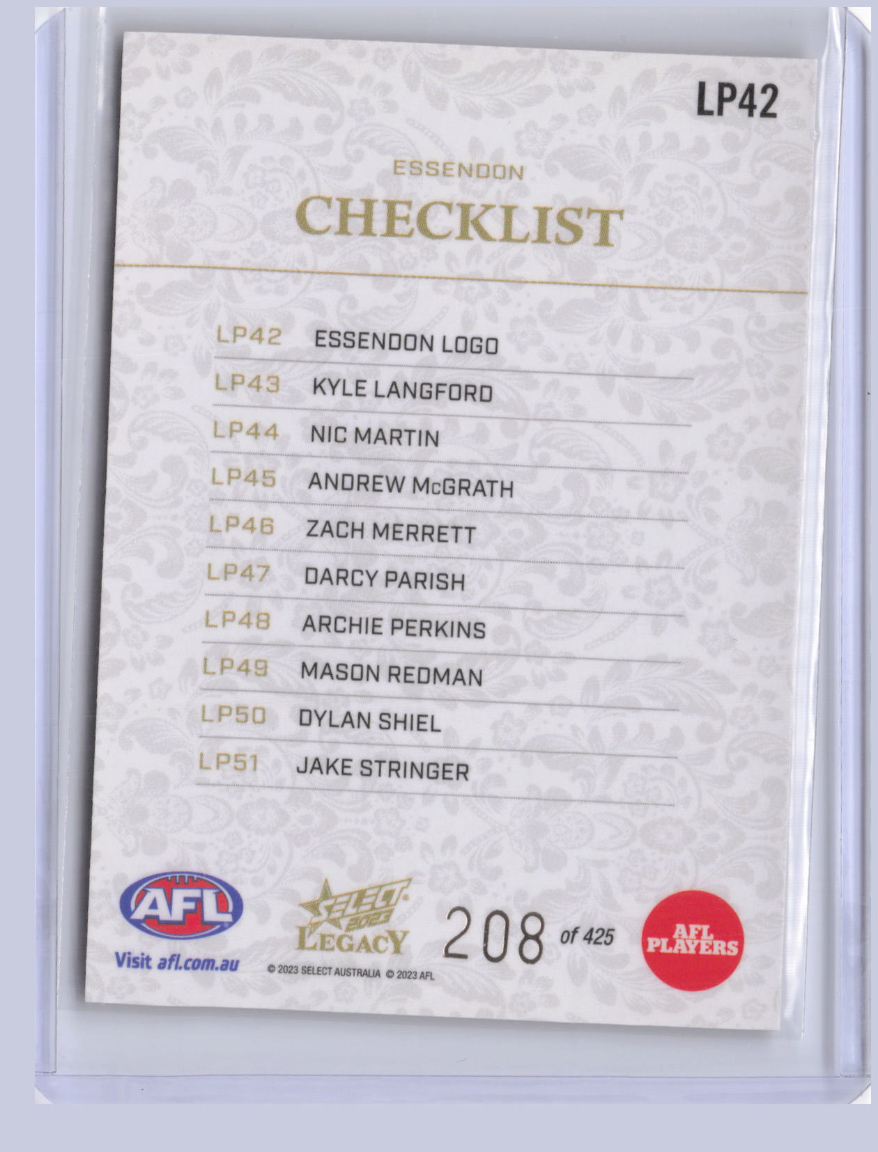 Essendon Checklist 2023 Select Legacy Plus 205/425