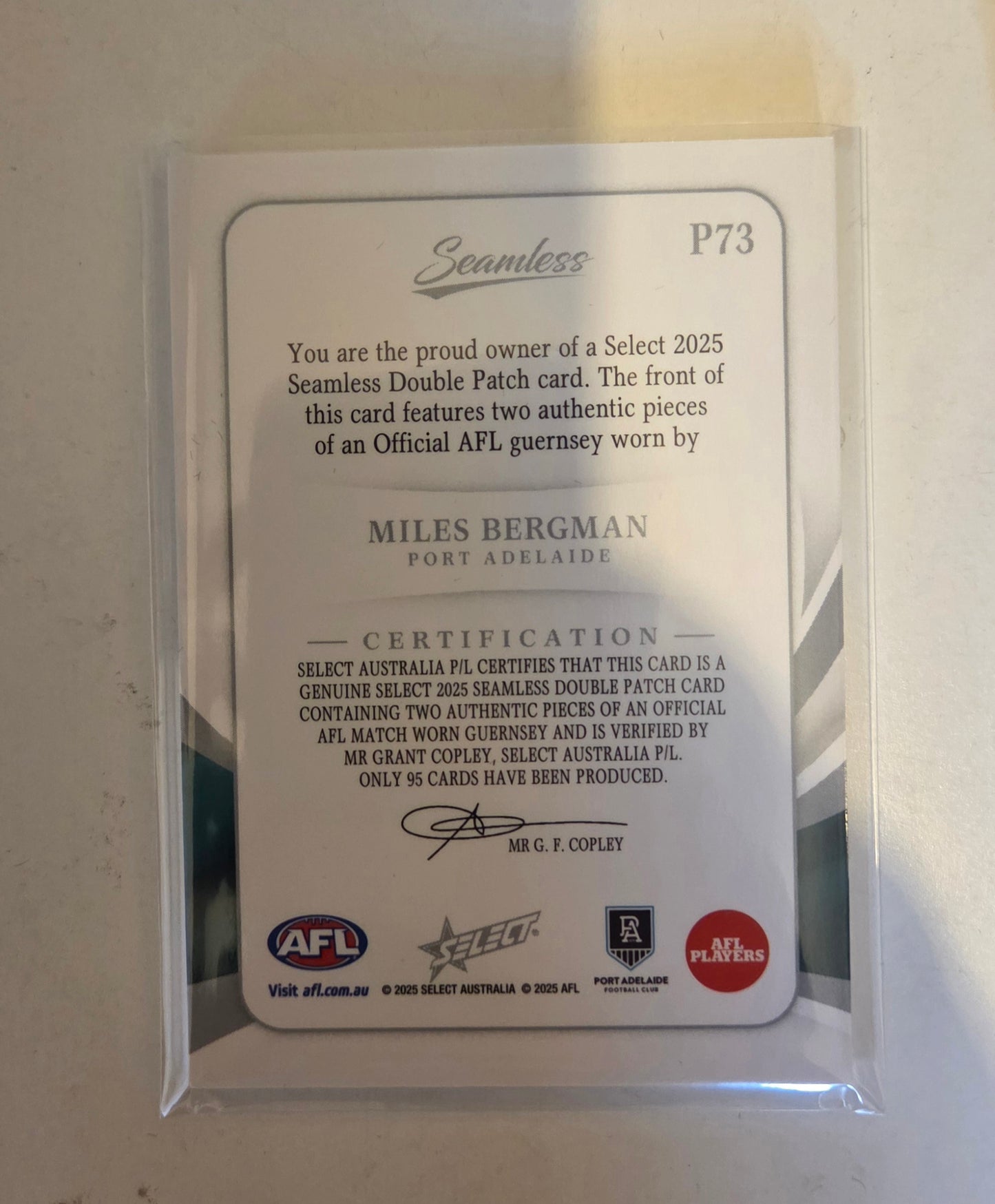 Miles Bergman AFL Select 2025 Seamless Double Patch Card 76/95