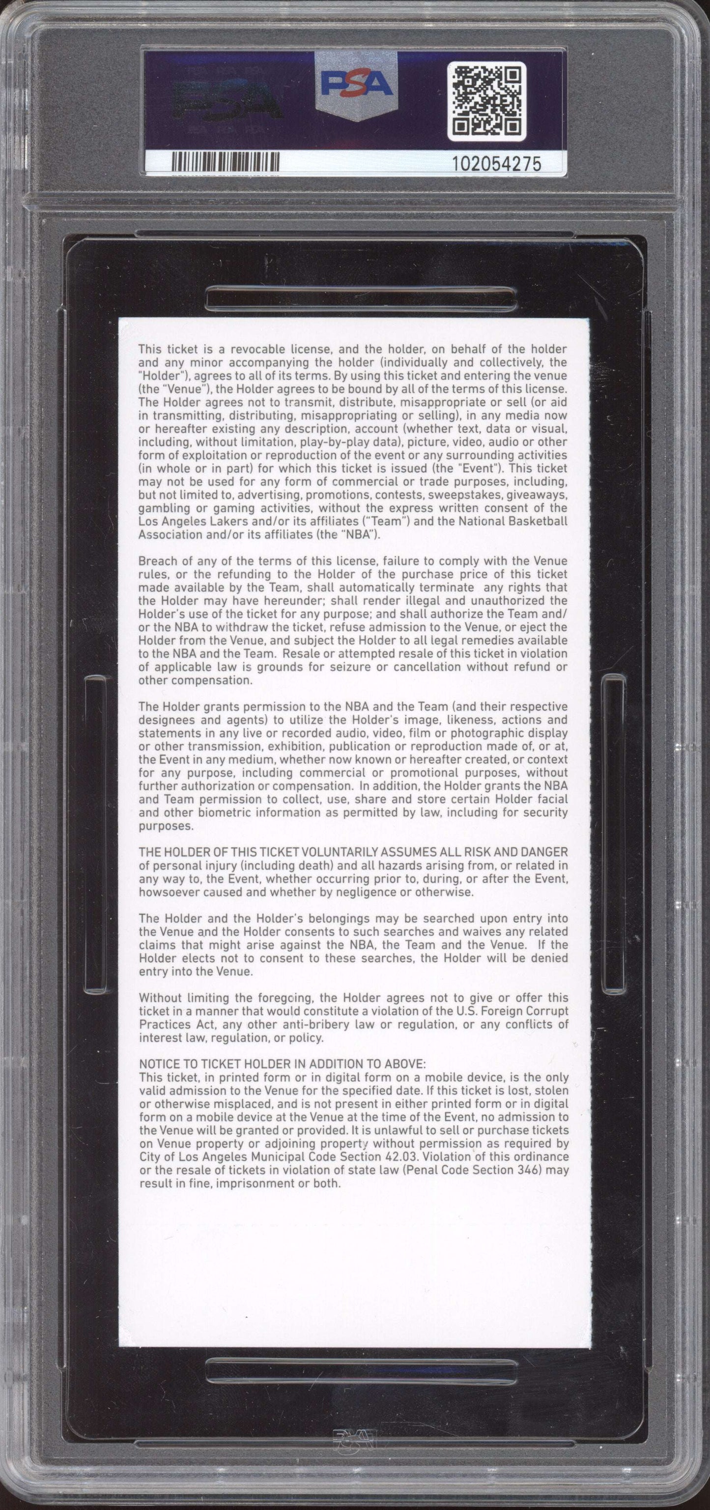 Lebron James Lakers vs Magic 2020 Ticket Full Game High 19 Assists PSA 8
