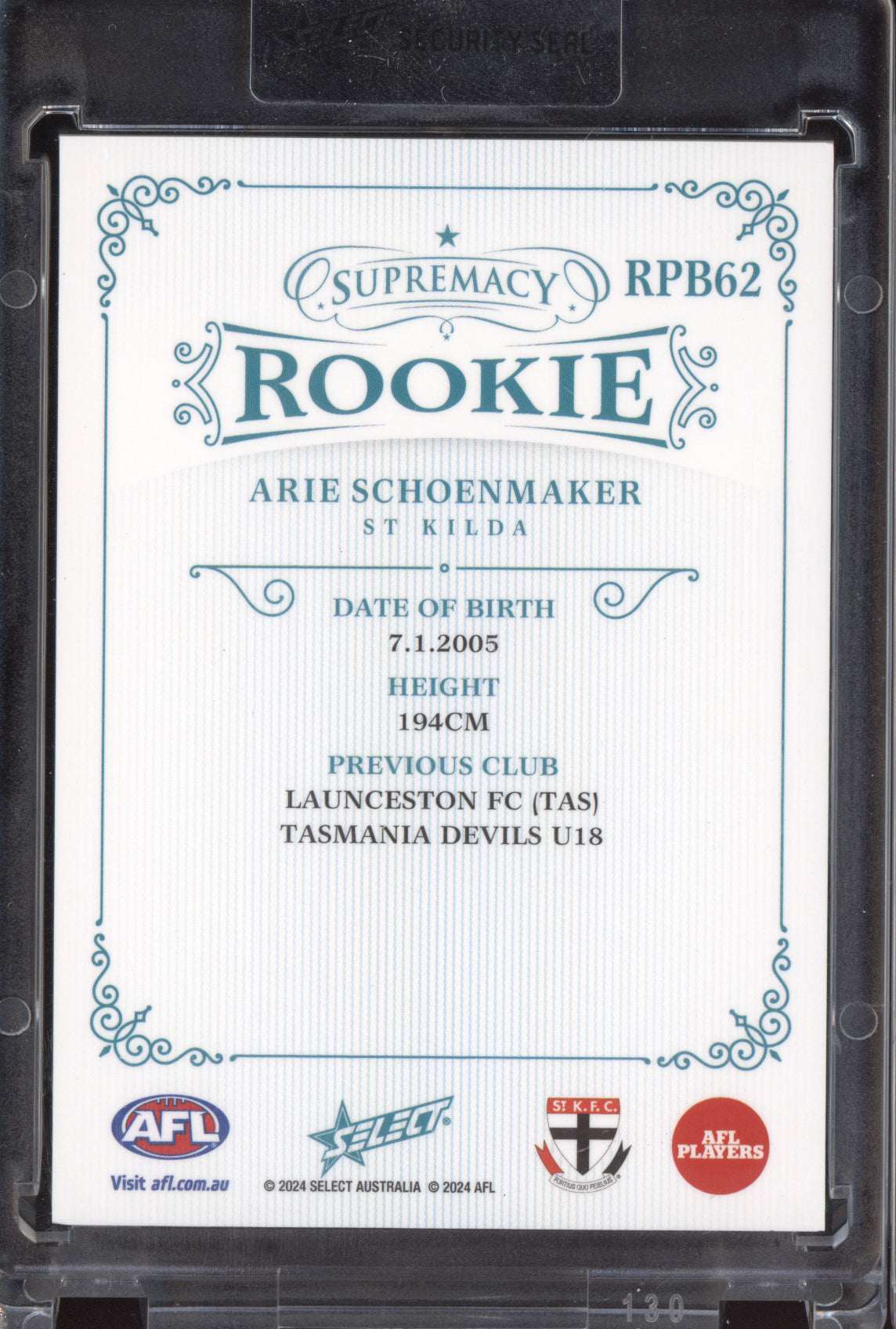 Arie Schoenmaker 2024 Select Supremacy Rookies Platinum Blue RC 46/75