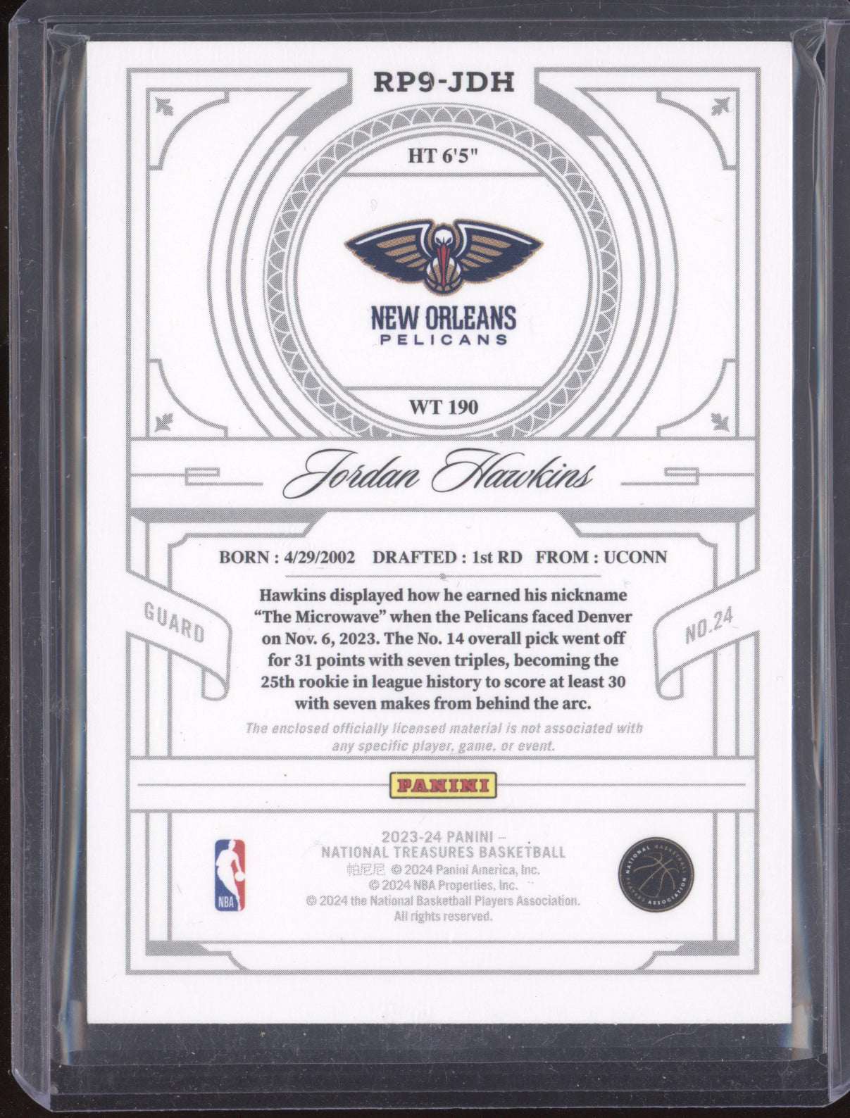 Jordan Hawkins 2023-24 Panini National Treasures Rookie Patch RC 04/25