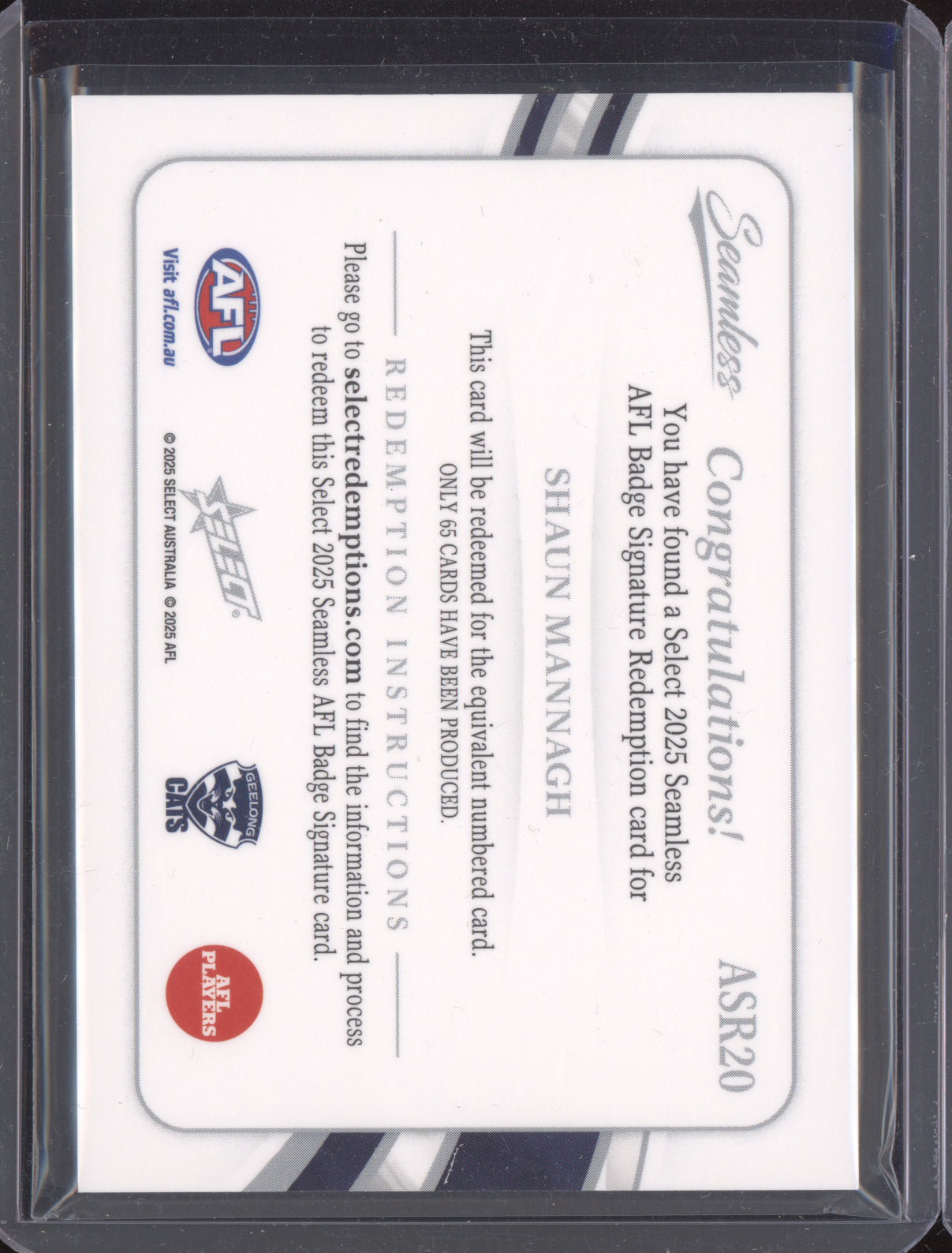 Shaun Mannagh 2025 Select Seamless AFL Badge Signature Redemption 22/65