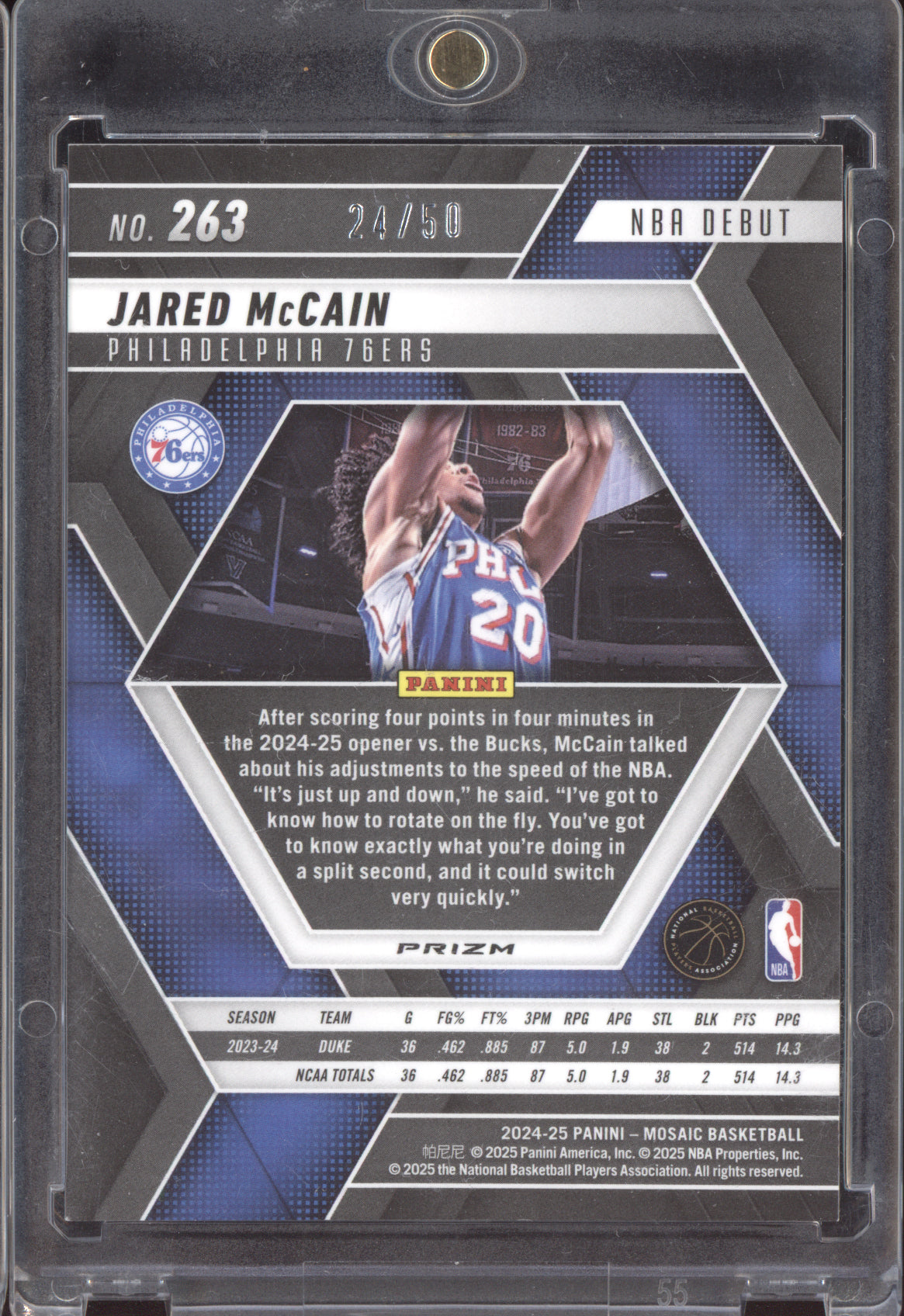 Jared McCain 2024-25 Panini Mosaic Purple Fast Break RC 24/50