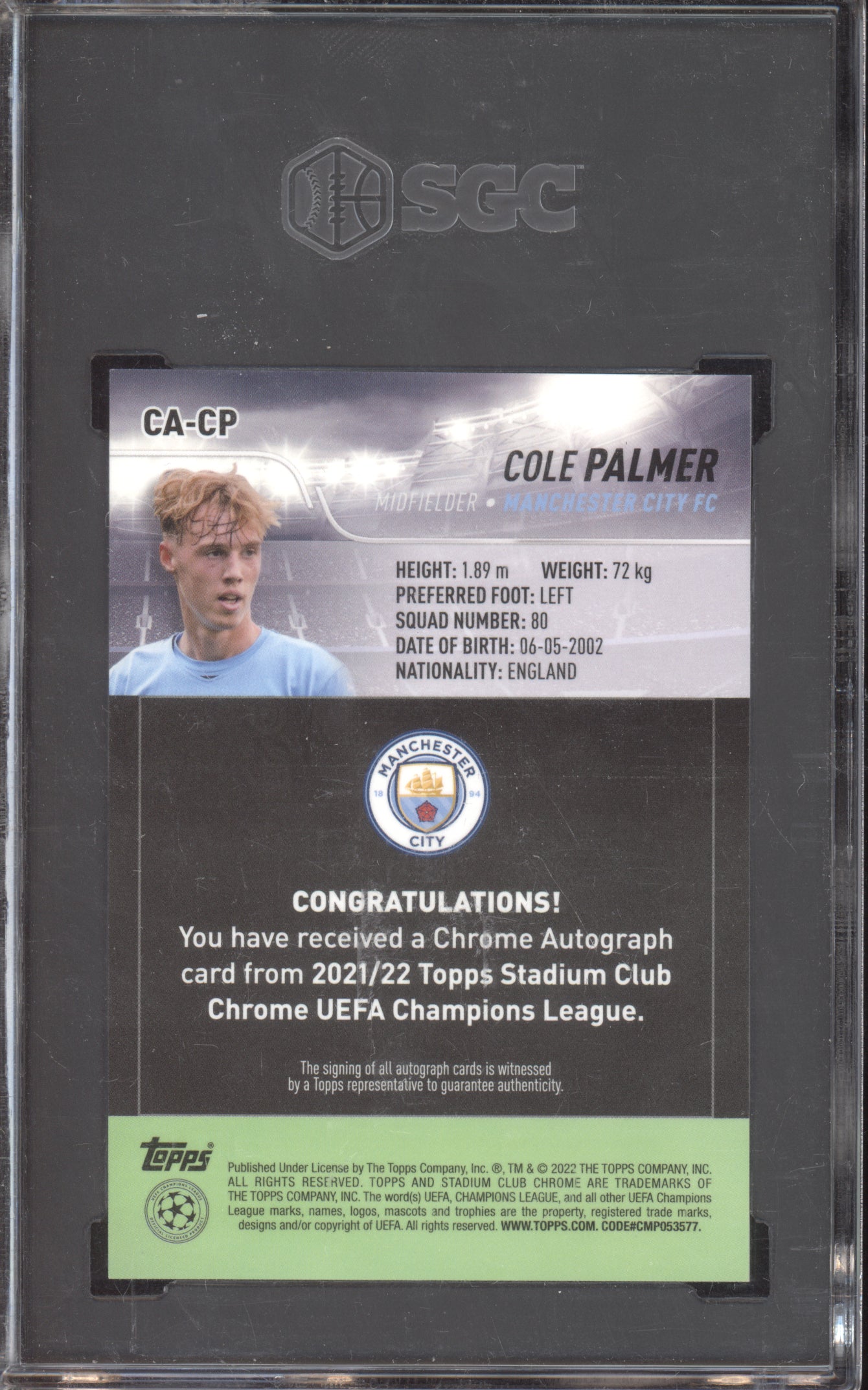 Cole Palmer 2021 Topps Stadium Club Auto RC SGC 9.5/10