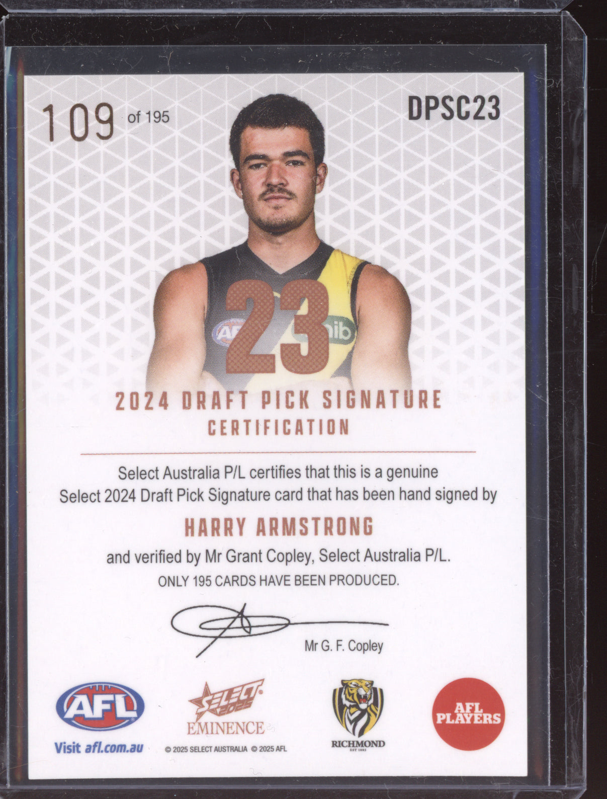 Harry Armstrong 2025 Select Eminence Draft Pick Signature Cooper RC 109/195