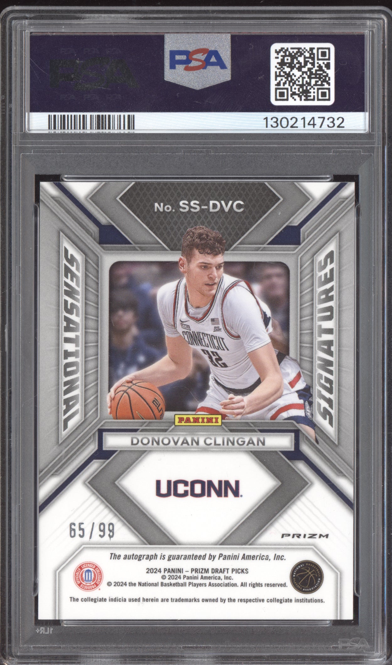 Donovan Clingan 2024 Panini Prizm Draft Sensational Purple Ice Auto RC 65/99 PSA 10