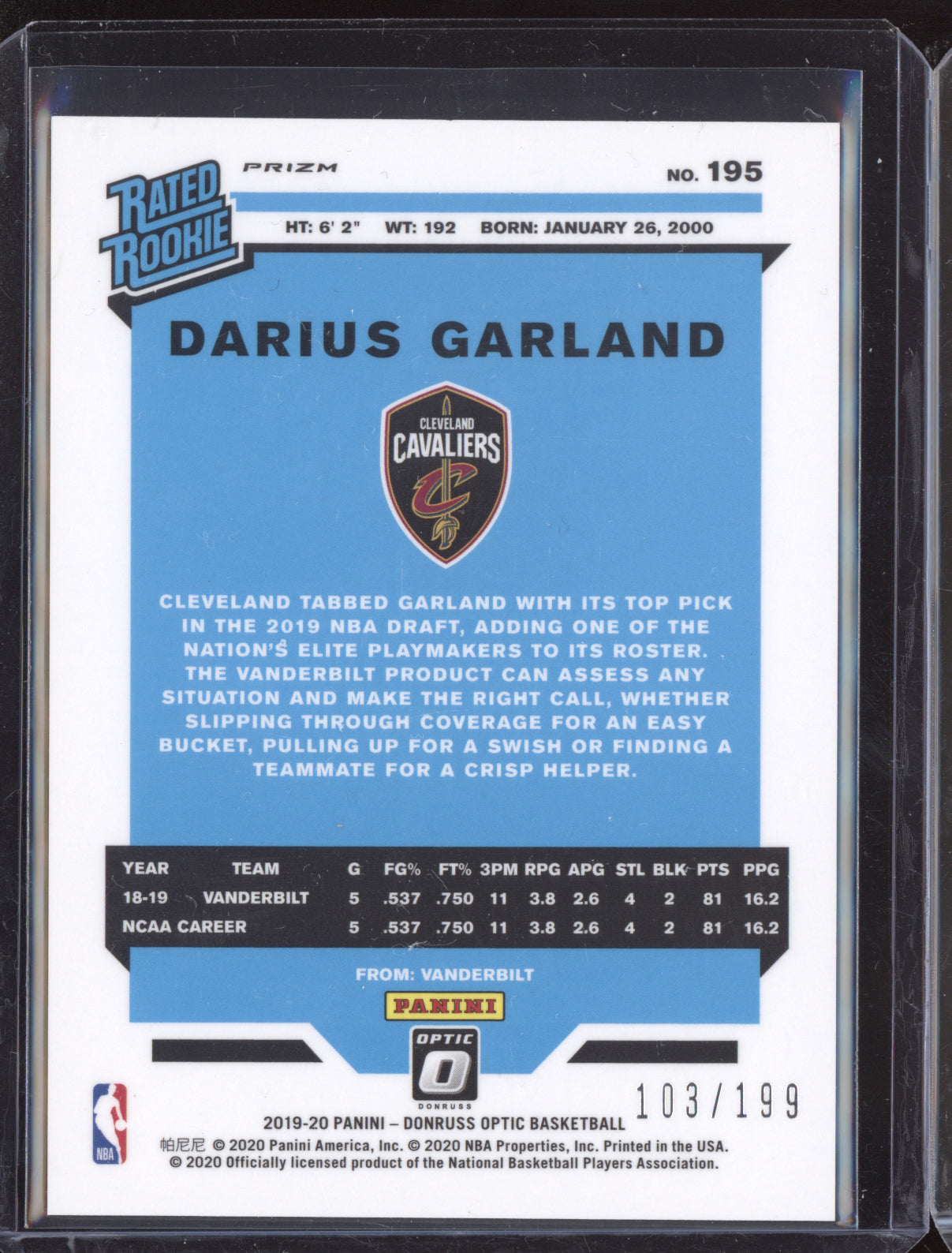 Darius Garland 2019-20 Panini Donruss Optic Orange RC 103/199