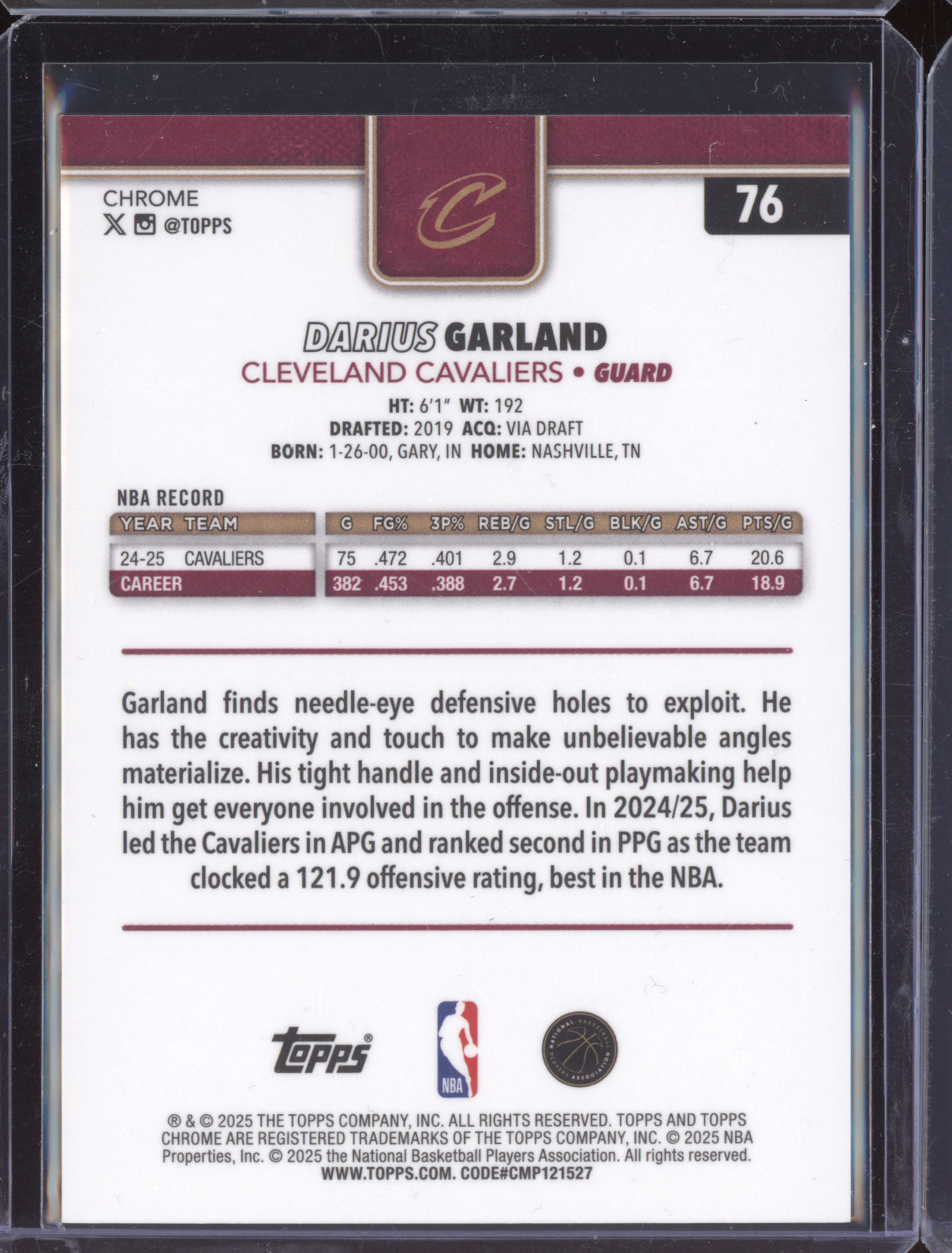 Darius Garland 2025-26 Topps Chrome Black Basketball Refractor Jersey Number /10