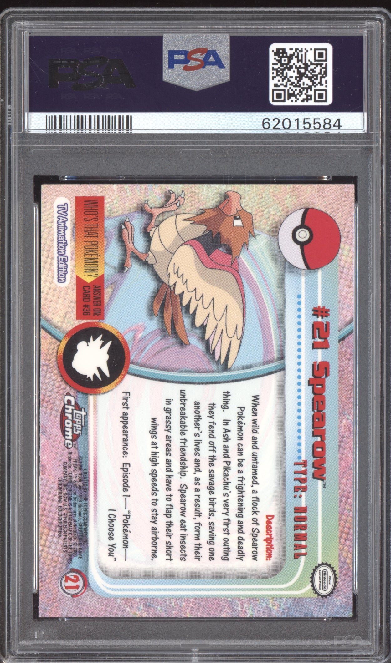 Spearow 2000 Pokemon Topps Chrome Pokemon TV #21 PSA 10