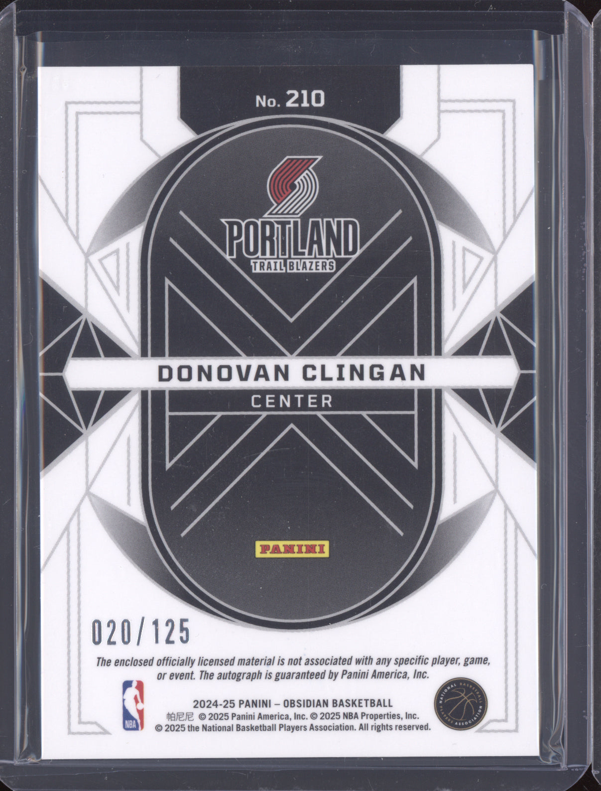 Donovan Clingan 2024-25 Panini Obsidian Rookie Jersey Patch Auto RC 20/125