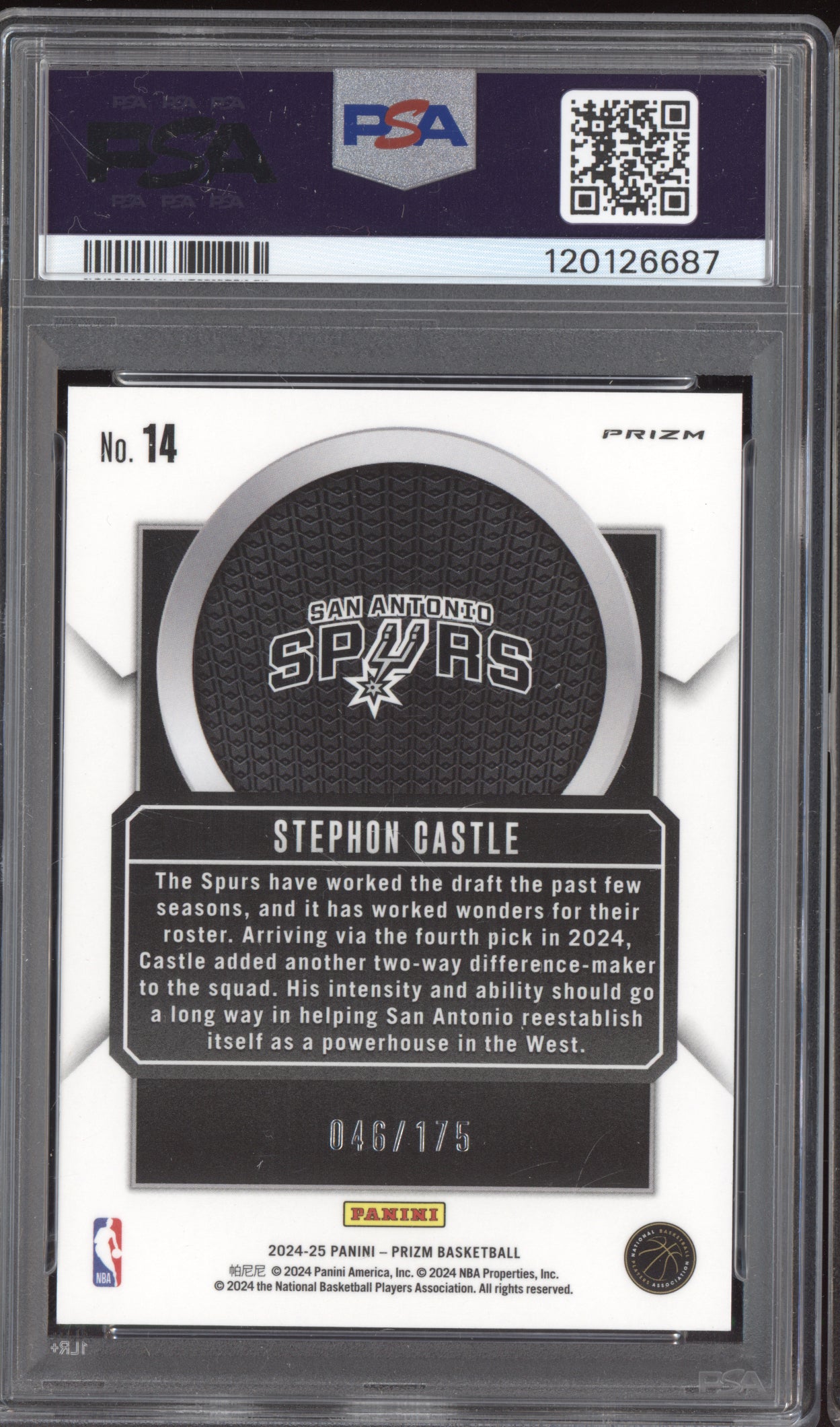 Stephon Castle 2024-25 Panini Prizm Talismen Blue Wave RC 46/175 PSA 10