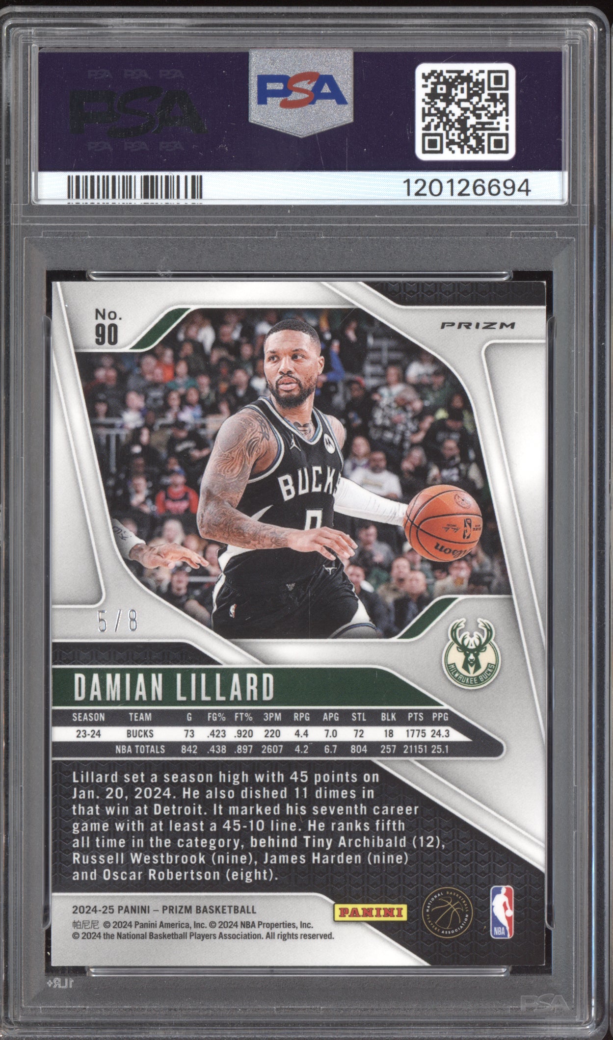 Damian Lillard 2024-25 Panini Prizm Plum Blossom 5/8 PSA 8