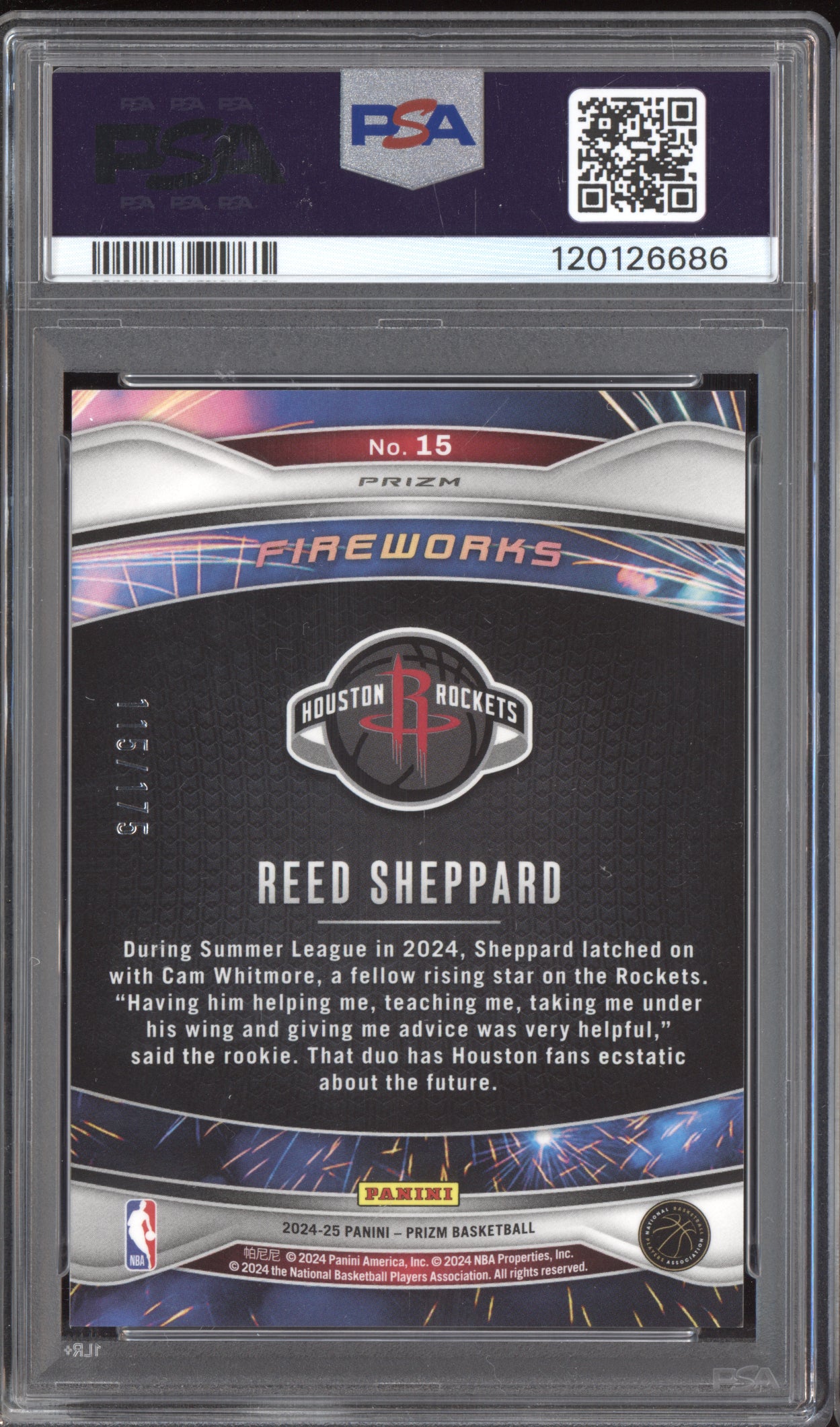 Reed Sheppard 2024-25 Panini Prizm Fireworks Blue Wave RC 115/175 PSA 9