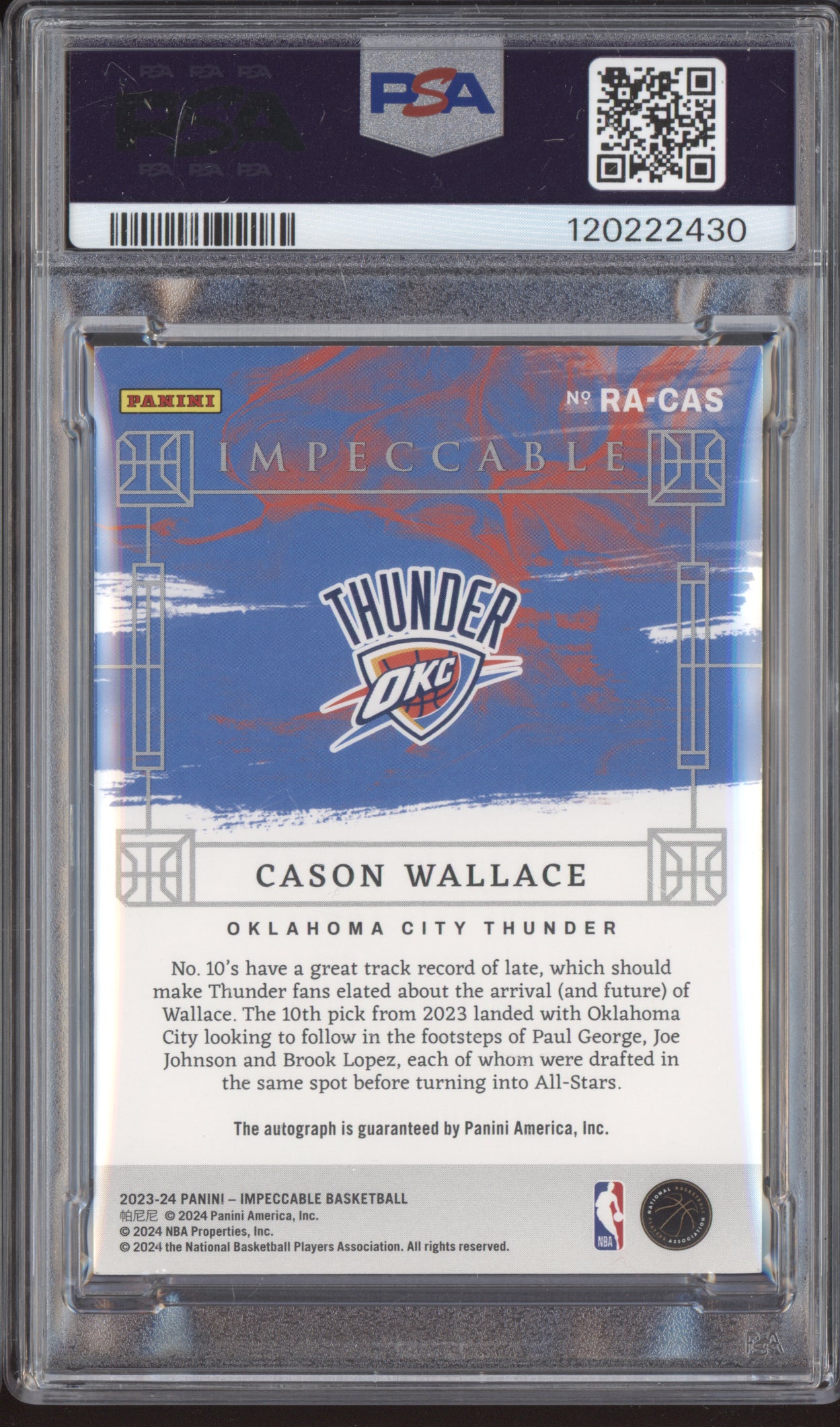 Cason Wallace 2023 Panini Impeccable Rookie Auto International Red RC 3/8 PSA 8