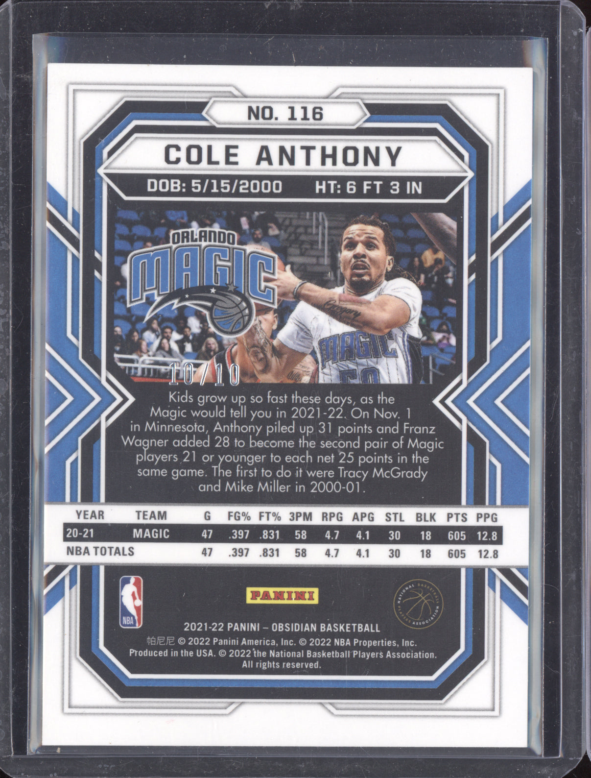 Cole Anthony 2024 Panini Obsidian Gold Flood 10/10
