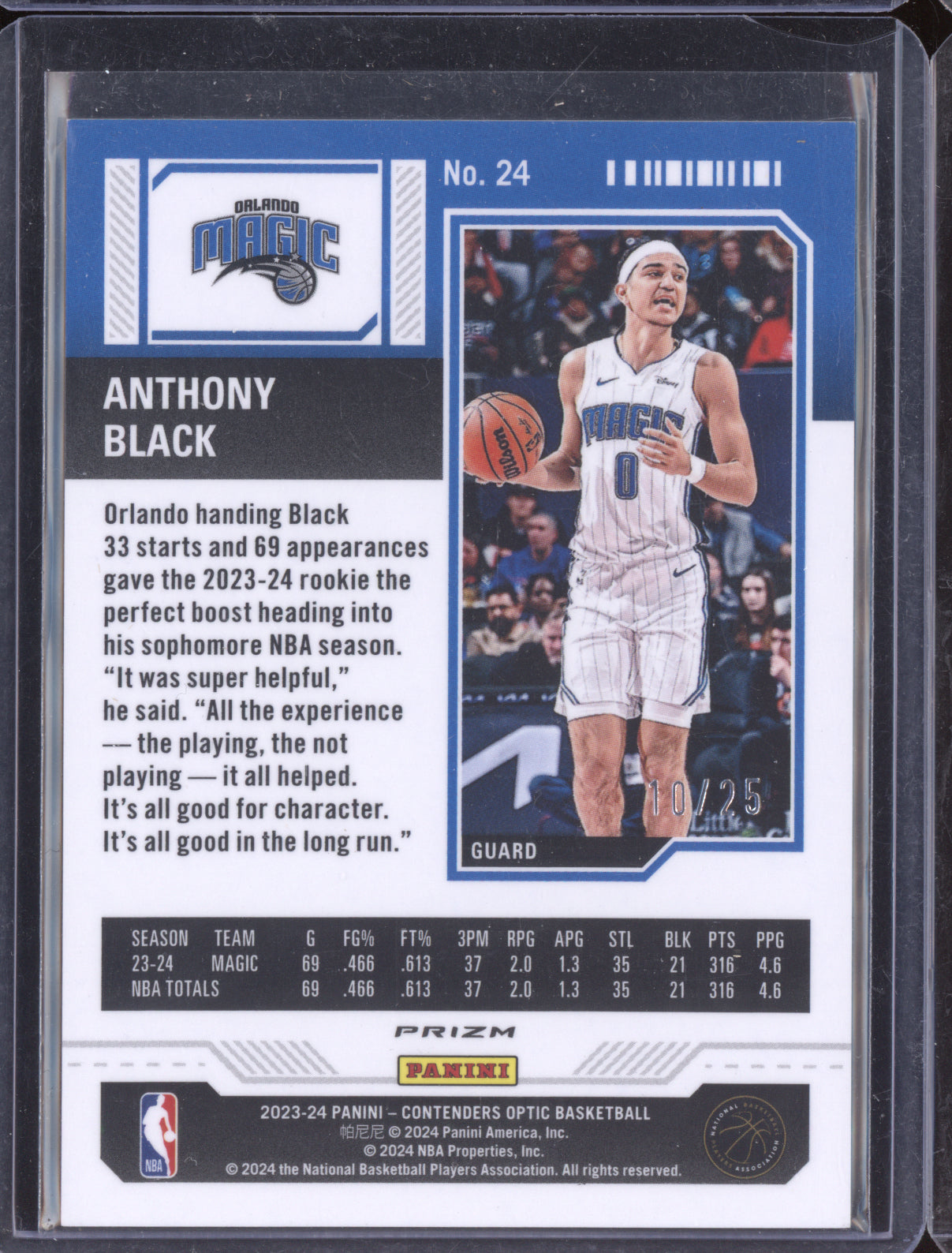 Anthony Black 2023-24 Panini Contenders Optic Season Ticket Black & White RC /25