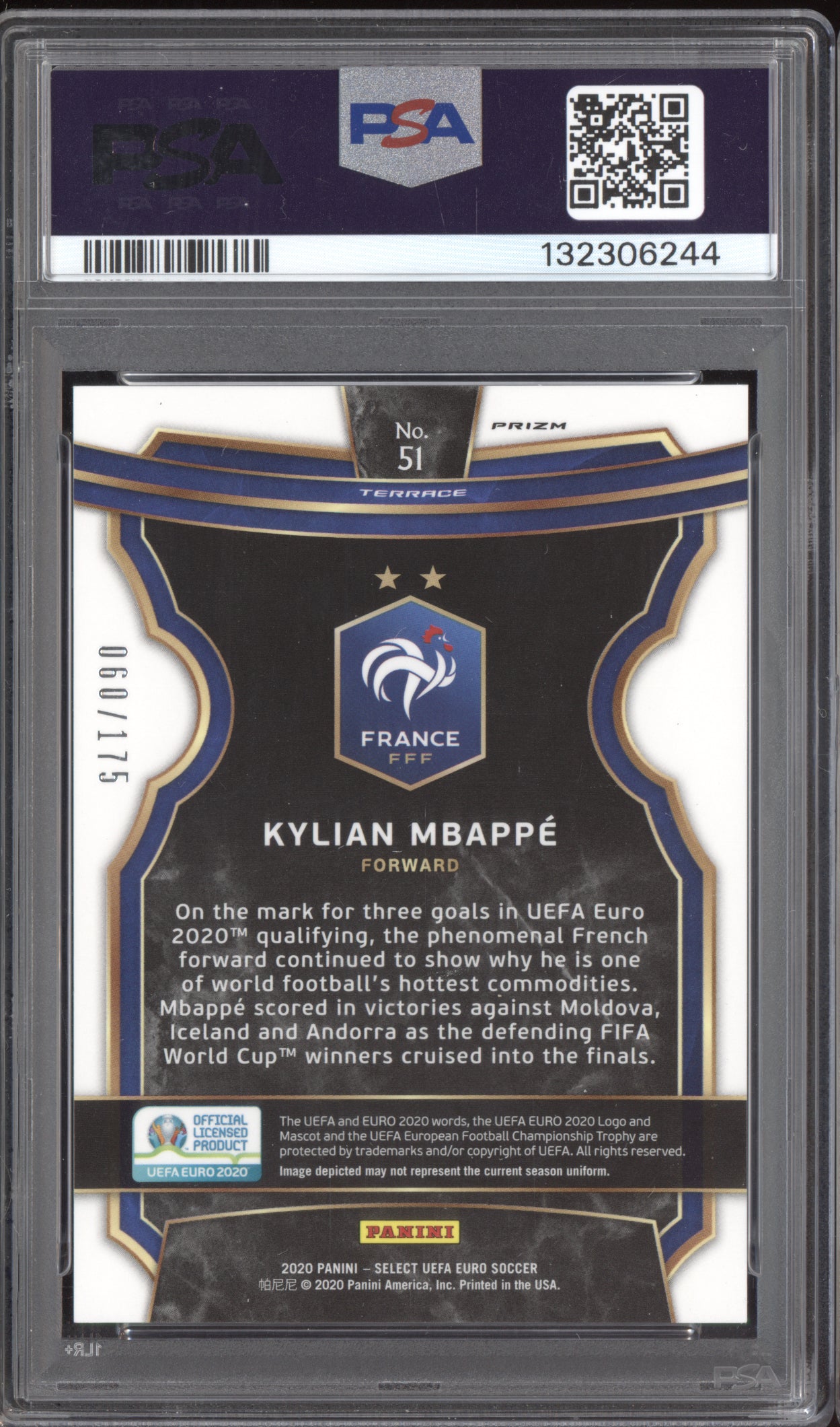 Kylian Mbappe 2020 Panini Select UEFA Euro Short Print Light Blue 60/175 PSA 9
