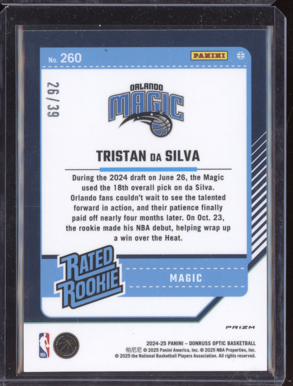 Tristan Da Silva 2024-25 Panini Donruss Optic Black Velocity RC 26/39