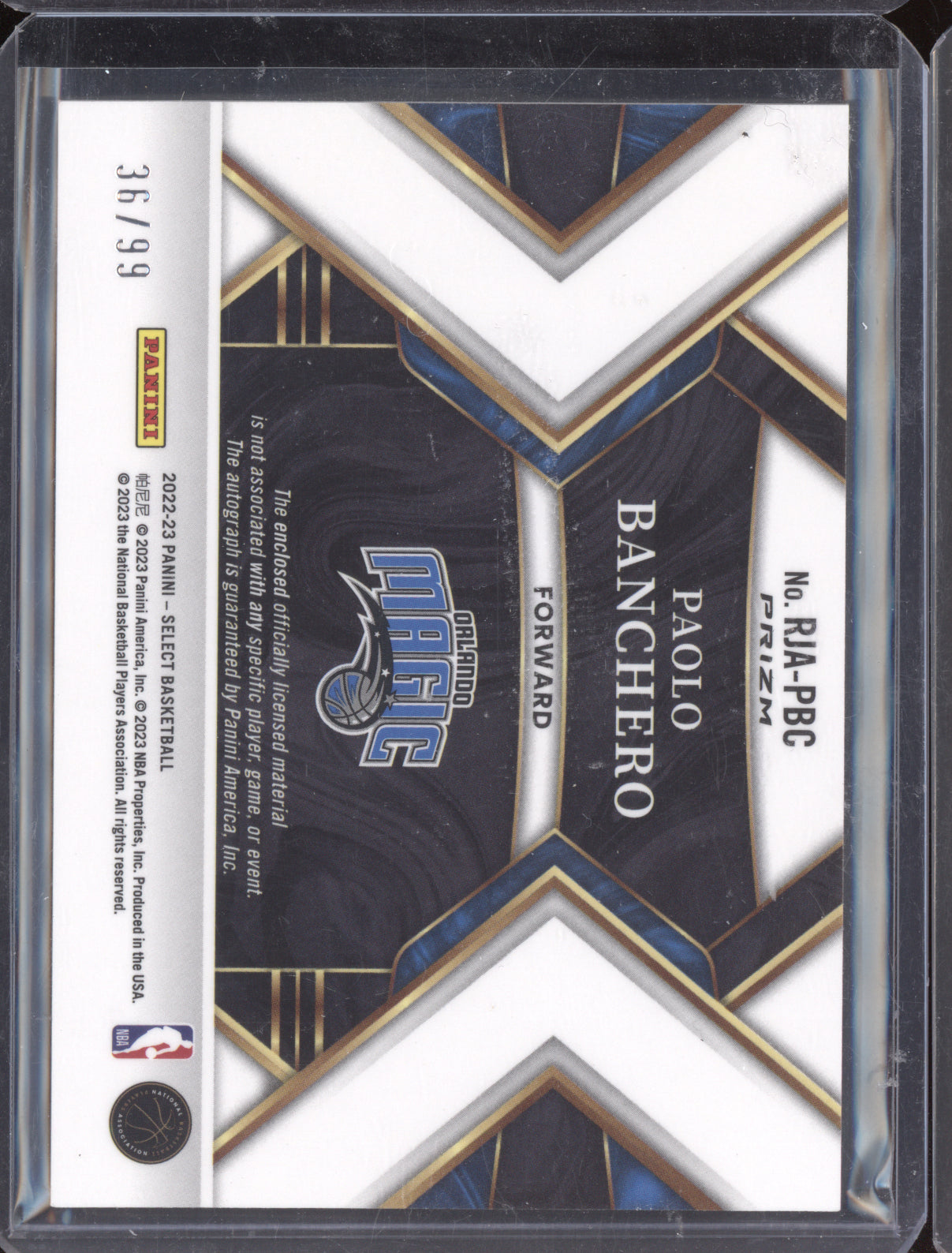 Paolo Banchero 2022-23 Panini Select Rookie Jersey Auto Purple RC 36/99