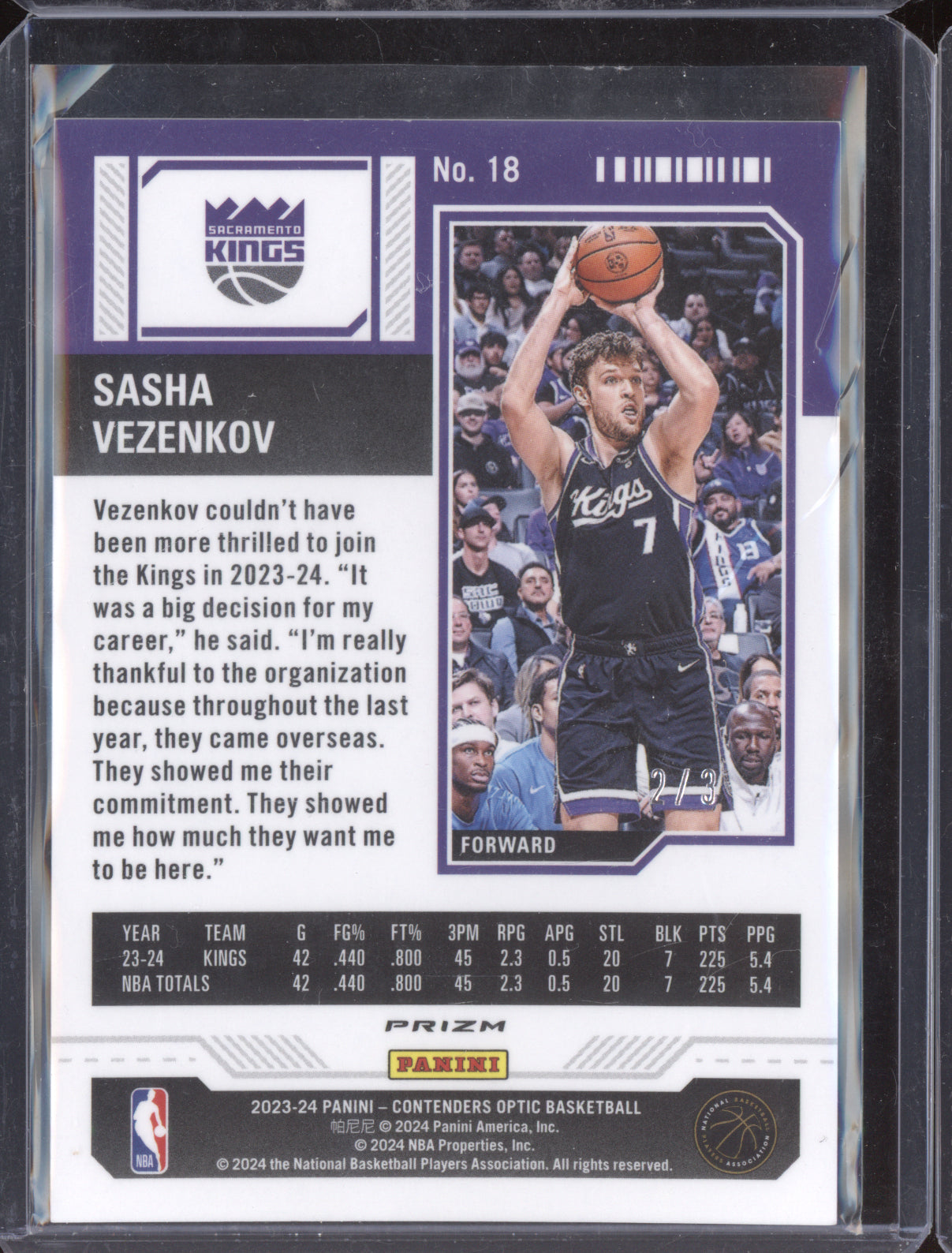 Sasha Vezenkov 2023-24 Panini Contenders Optic Black Stars RC 2/3