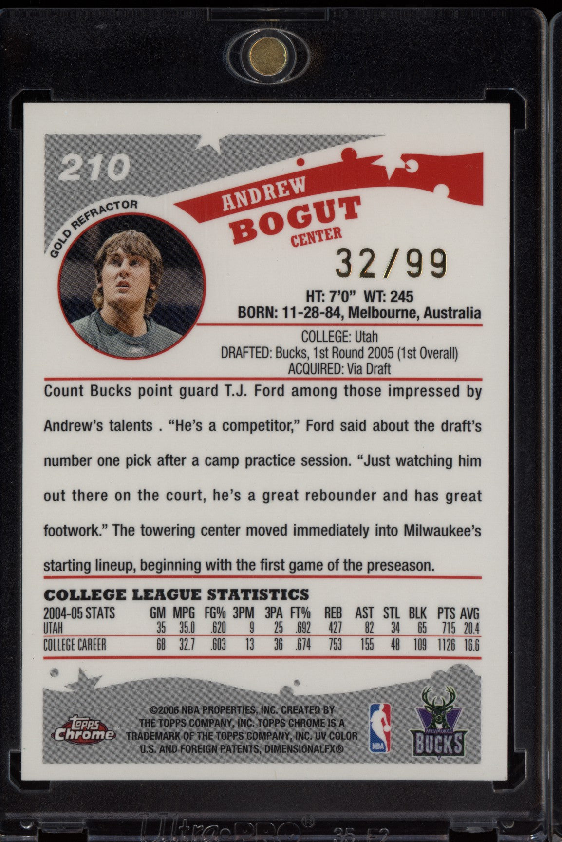 Andrew Bogut 2005-06 Topps Chrome Gold Refractor RC 32/99