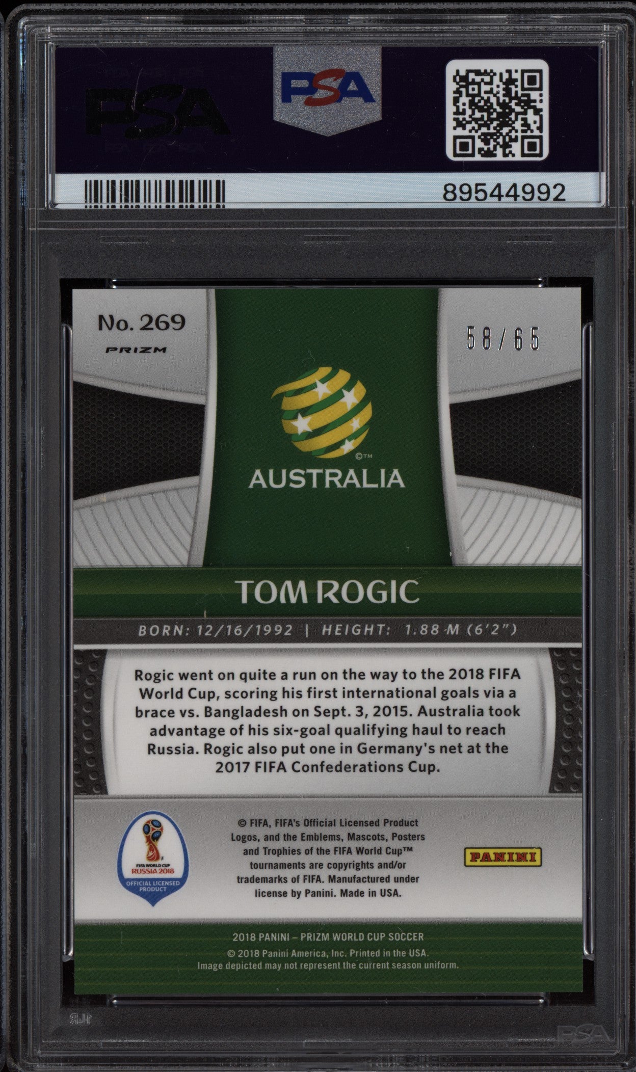 Tom Rogic 2018 Panini Prizm World Cup Orange 58/65 PSA 8