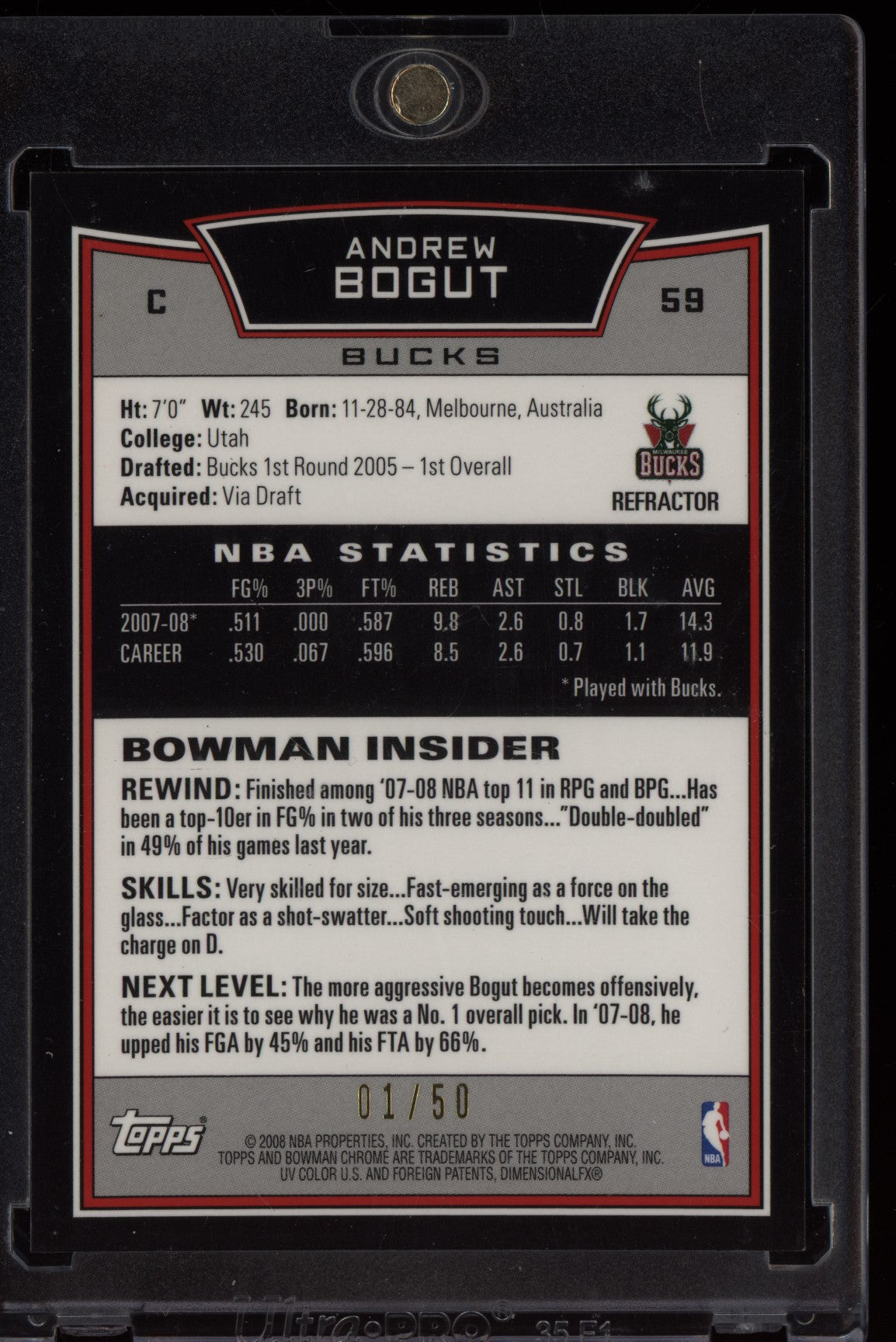 Andrew Bogut 2008-09 Bowman Chrome Gold Refractor 1/50