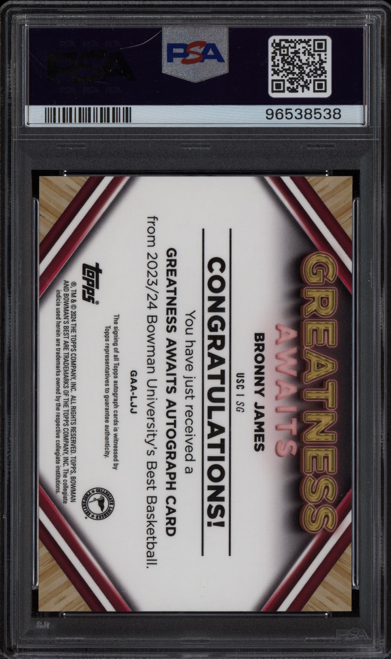 Bronny James 2023-24 Bowman University Best Greatness Awaits AUto 14/75 PSA 10