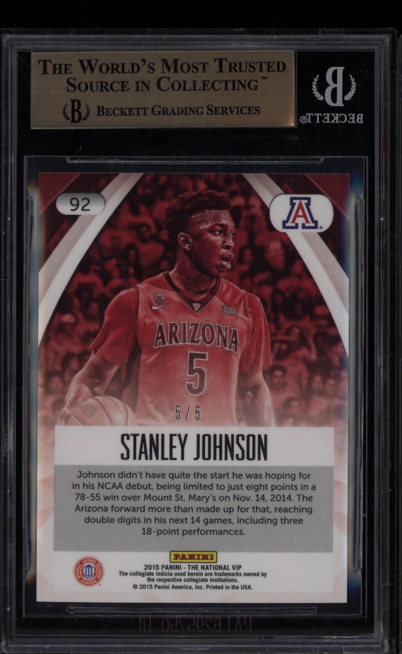 Stanley Johnson 2015 Panini The National Green Wave Jersey Number RC 5/5 BGS 9.5