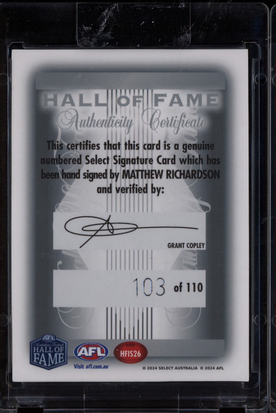 Matthew Richardson 2024 Select Legacy Hall of Fame Inductee Signature /110