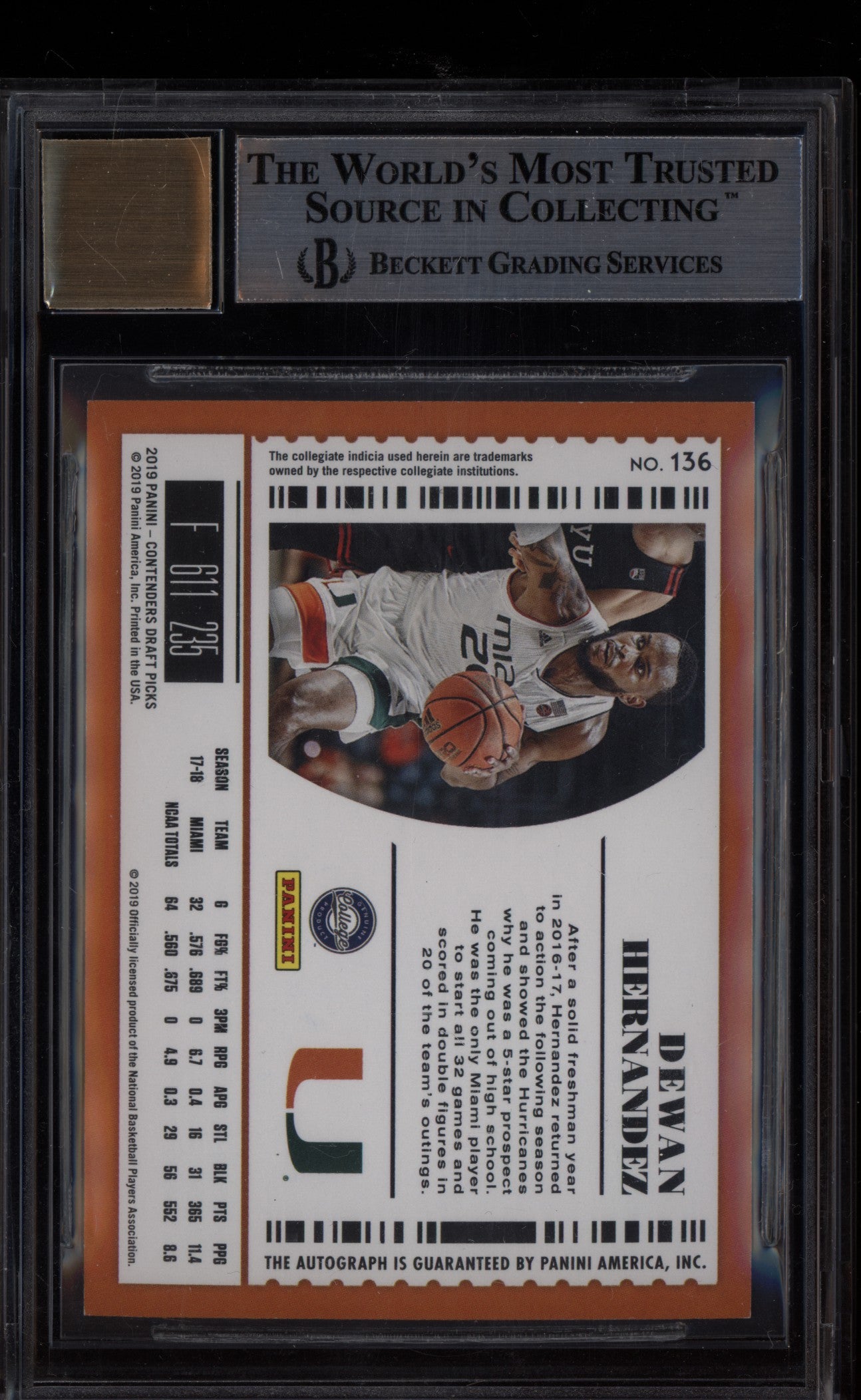 Dewan Hernandez 2019-20 Panini Contenders Draft Cracked Ice Auto RC /23 BGS 9/10