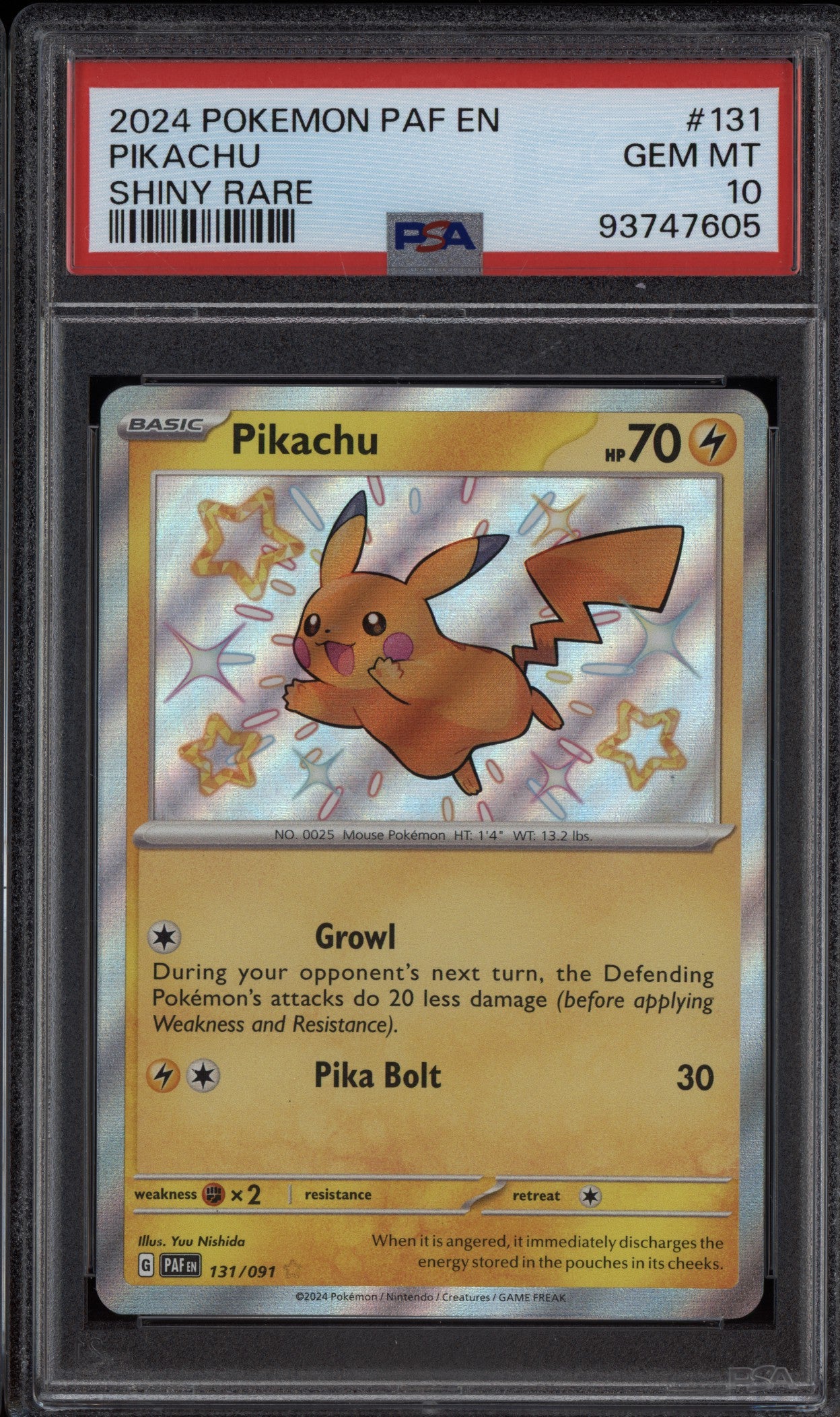 Pikachu 2024 Pokemon Paldean Fates Shiny Rare 131/091 PSA 10