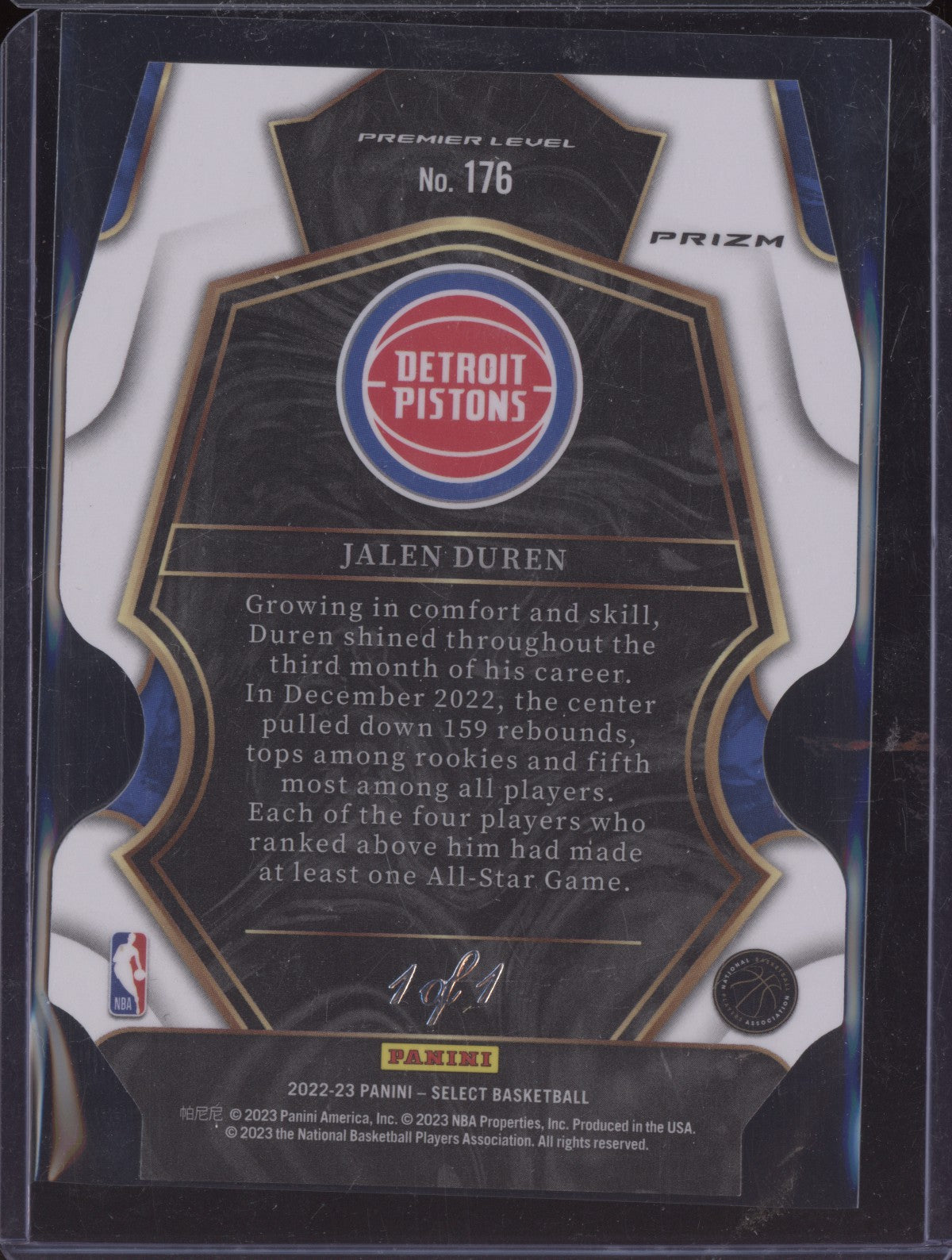 Jalen Duren 2022 Panini Select Black Die Cut RC 1/1