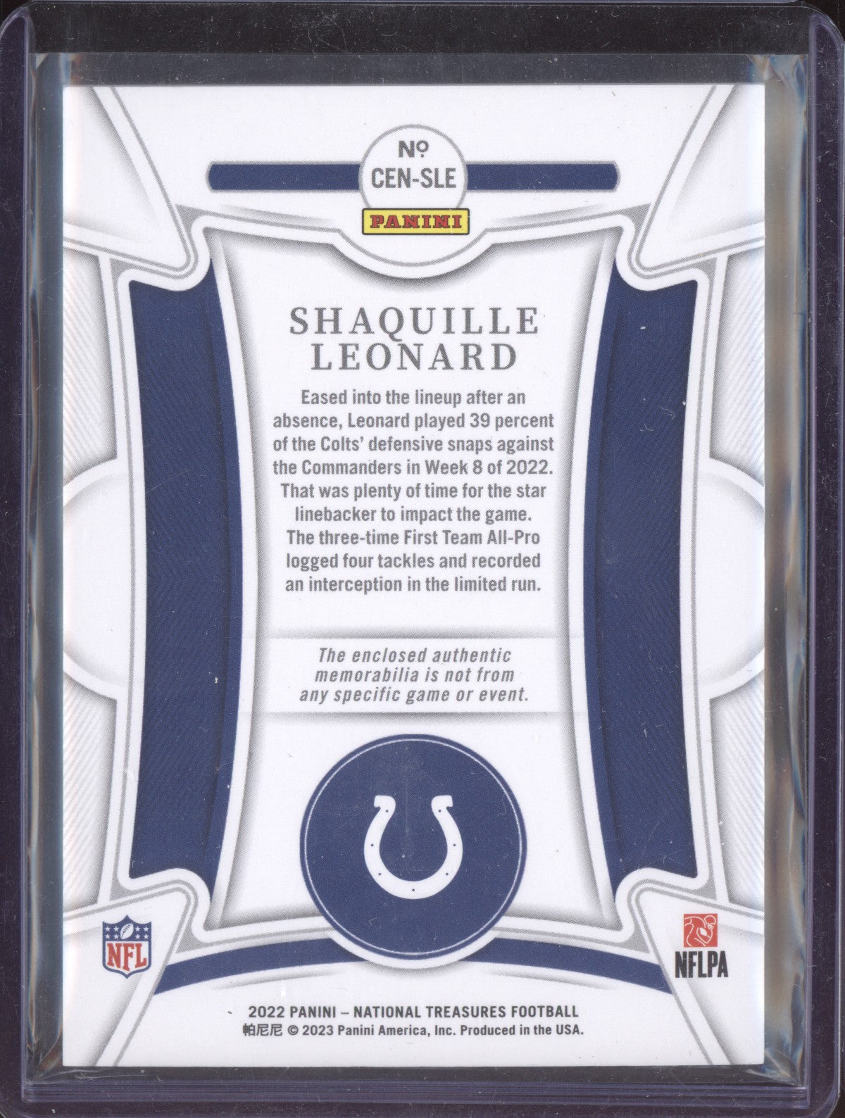 Shaquille Leonard 2022 Panini National Treasures Century Gold Patch /10