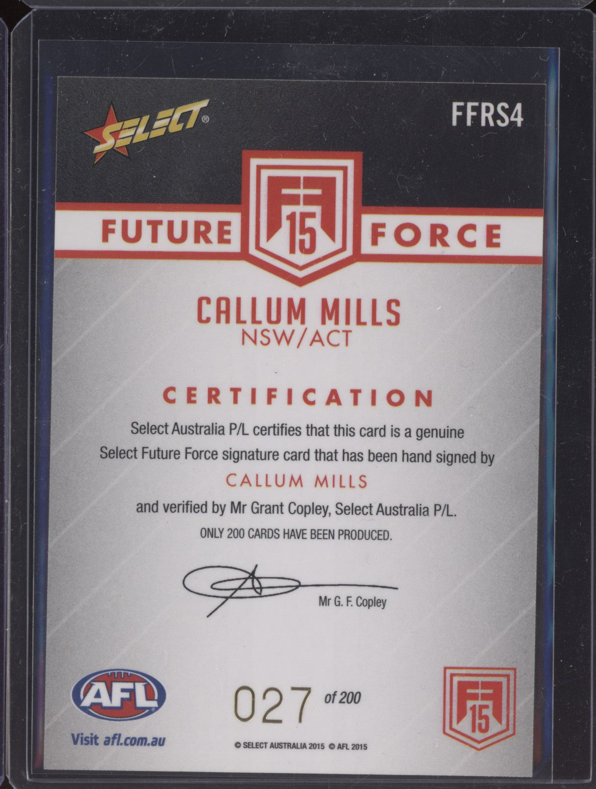 Callum Mills 2015 Select Future Force Red Auto RC 27/200