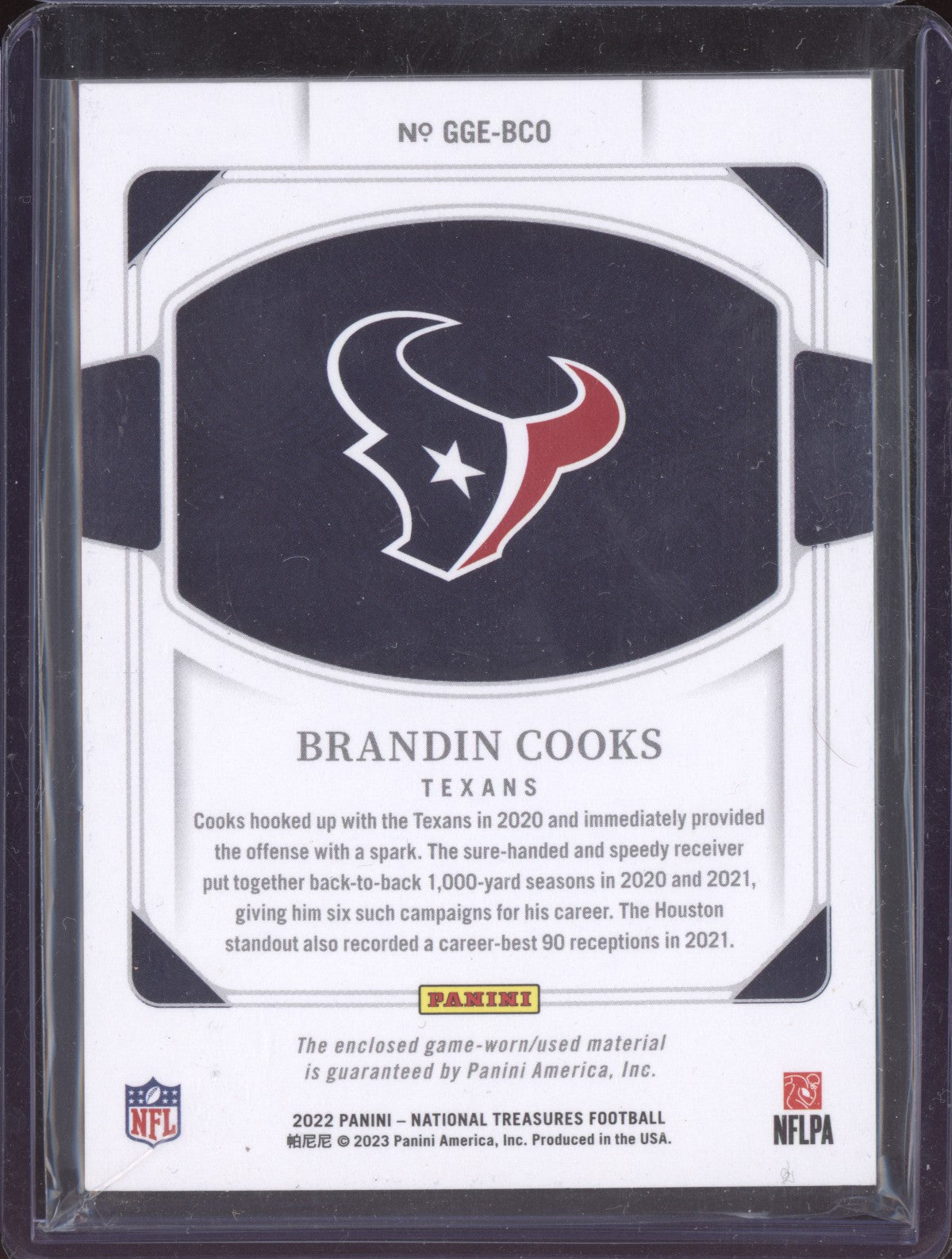 Brandin Cooks 2022 Panini National Treasures Game Gear Gold Patch 7/10