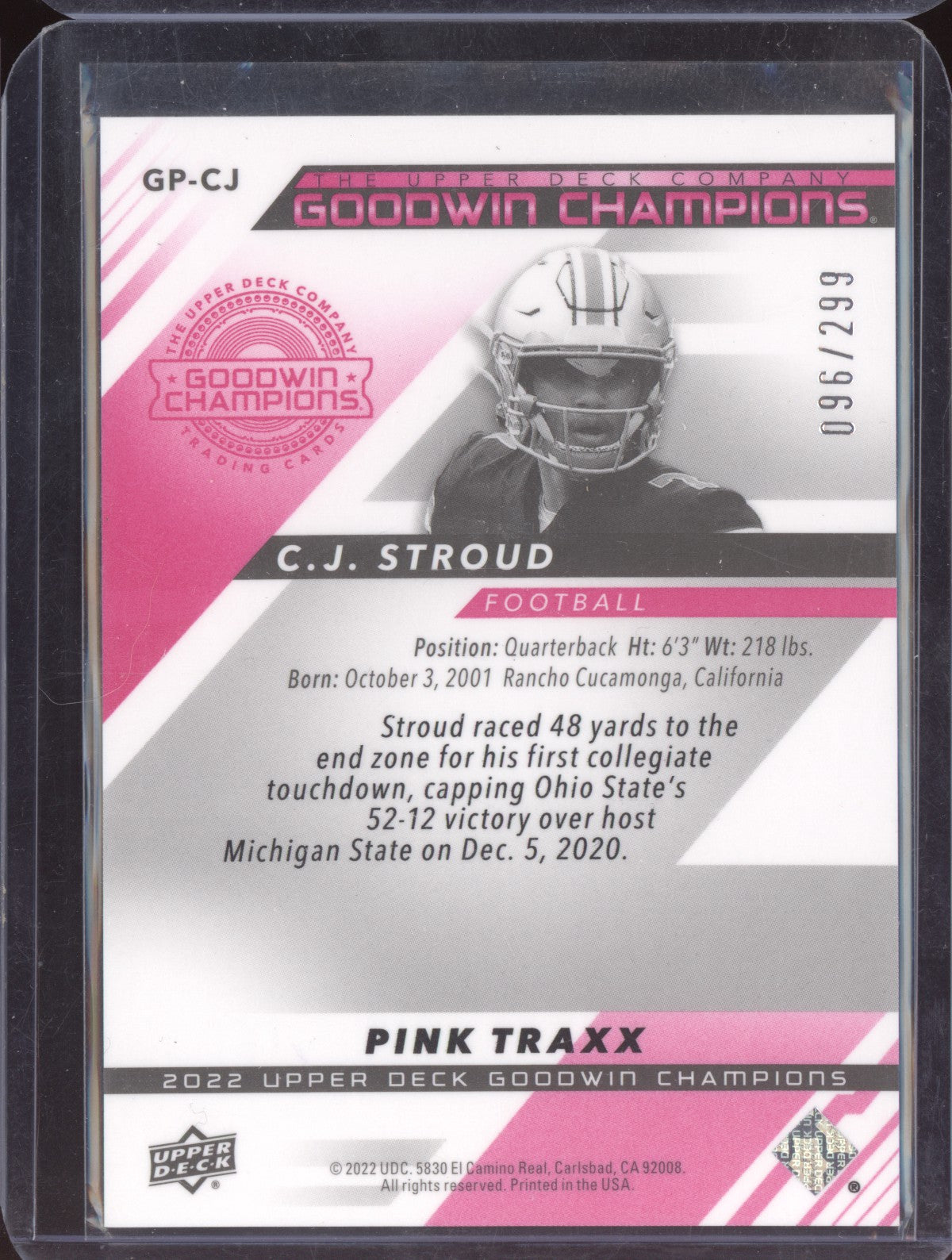 CJ Stroud 2022 Upper Deck Goodwin Champions Pink Traxx RC 96/299