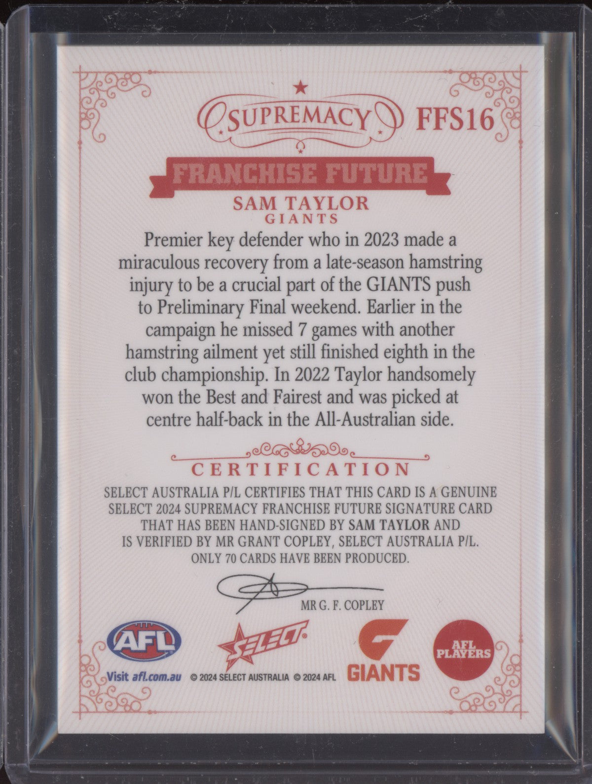 Sam Taylor 2024 Select Supremacy Franchise Future Signature 37/70