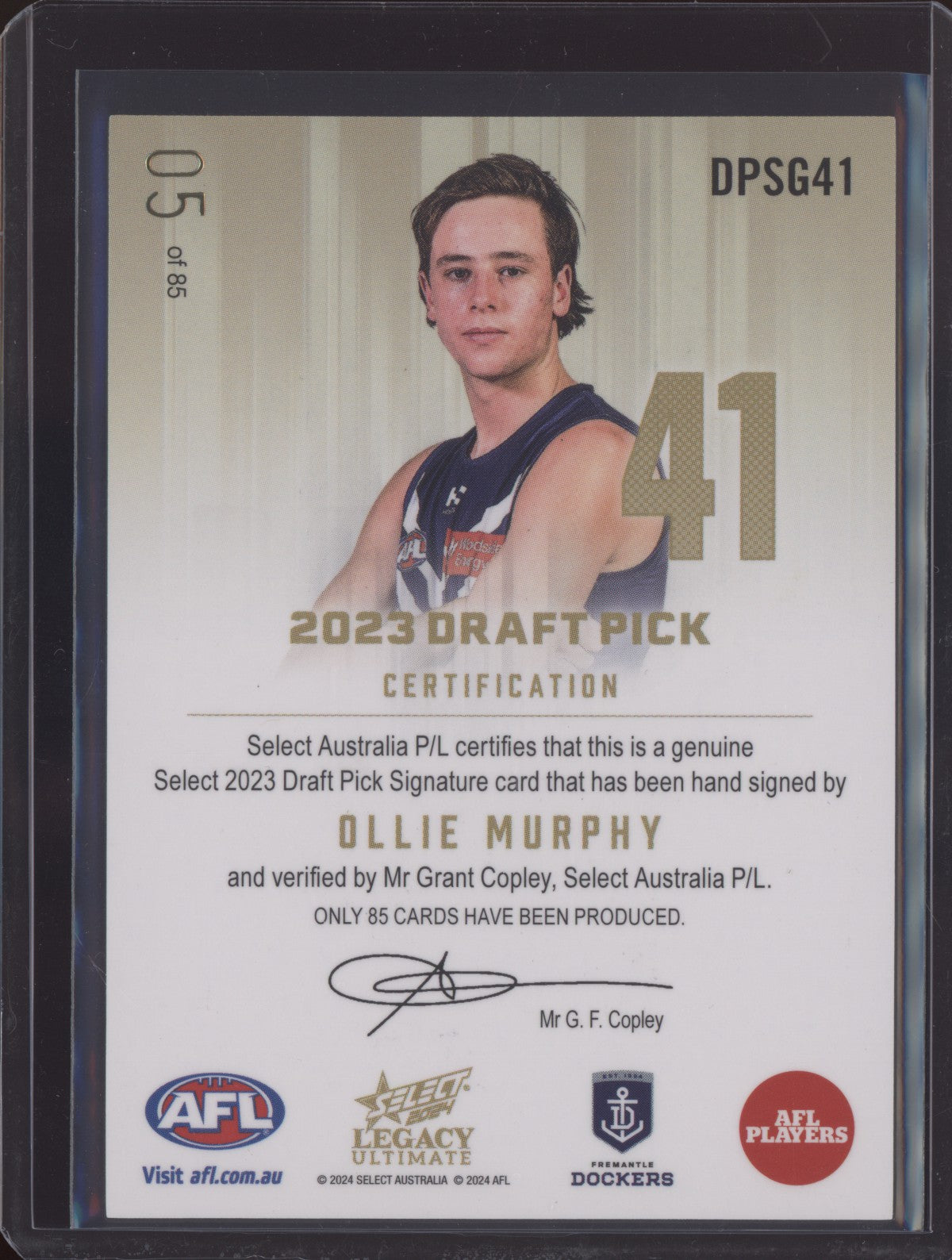 Ollie Murphy 2024 Select Legacy Ultimate Draft Pick Signature Gold Low RC 05/85