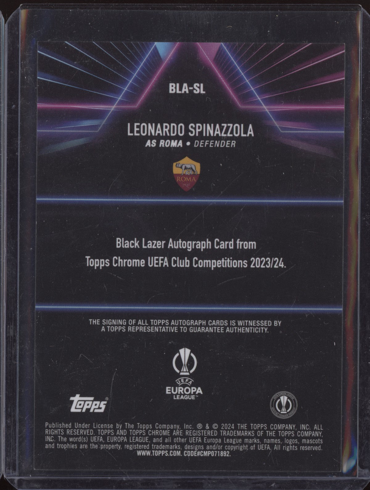 Leonardo Spinazzola 2023-24 Topps Chrome UEFA Club Black Lazer Auto