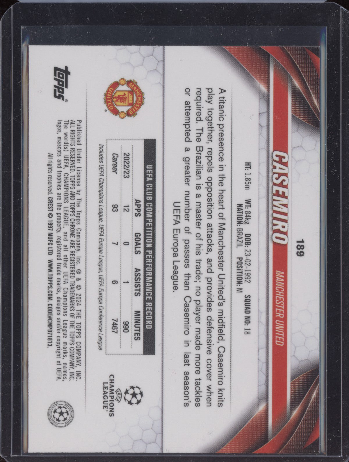 Casemiro 2023-24 Topps Chrome UEFA Club Aqua Prism