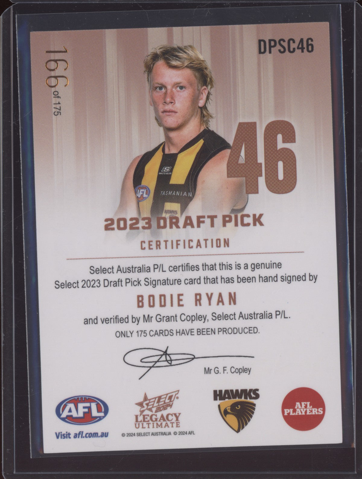 Bodie Ryan 2024 Select Legacy Ultimate Draft Pick Signature Copper RC 166/175