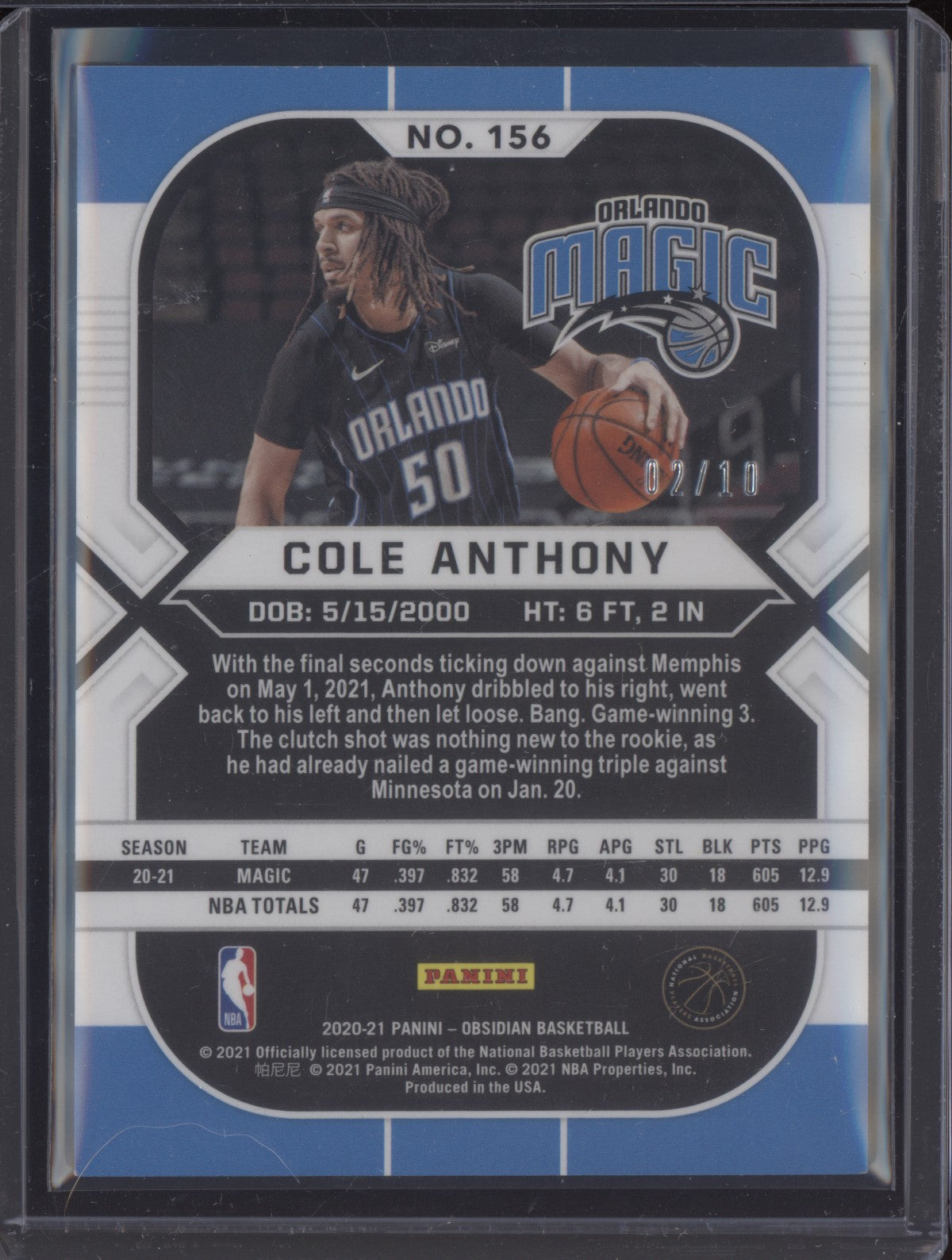 Cole Anthony 2020-21 Panini Obsidian Yellow Electric Etch RC 2/10