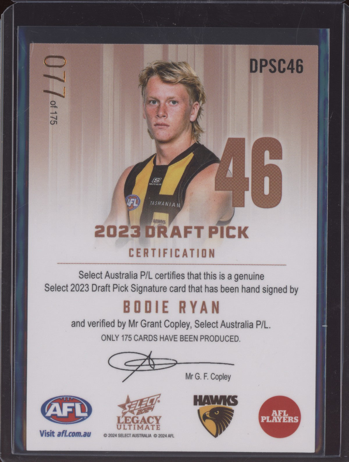 Bodie Ryan 2024 Select Legacy Ultimate Draft Pick Signature Copper RC 77/175