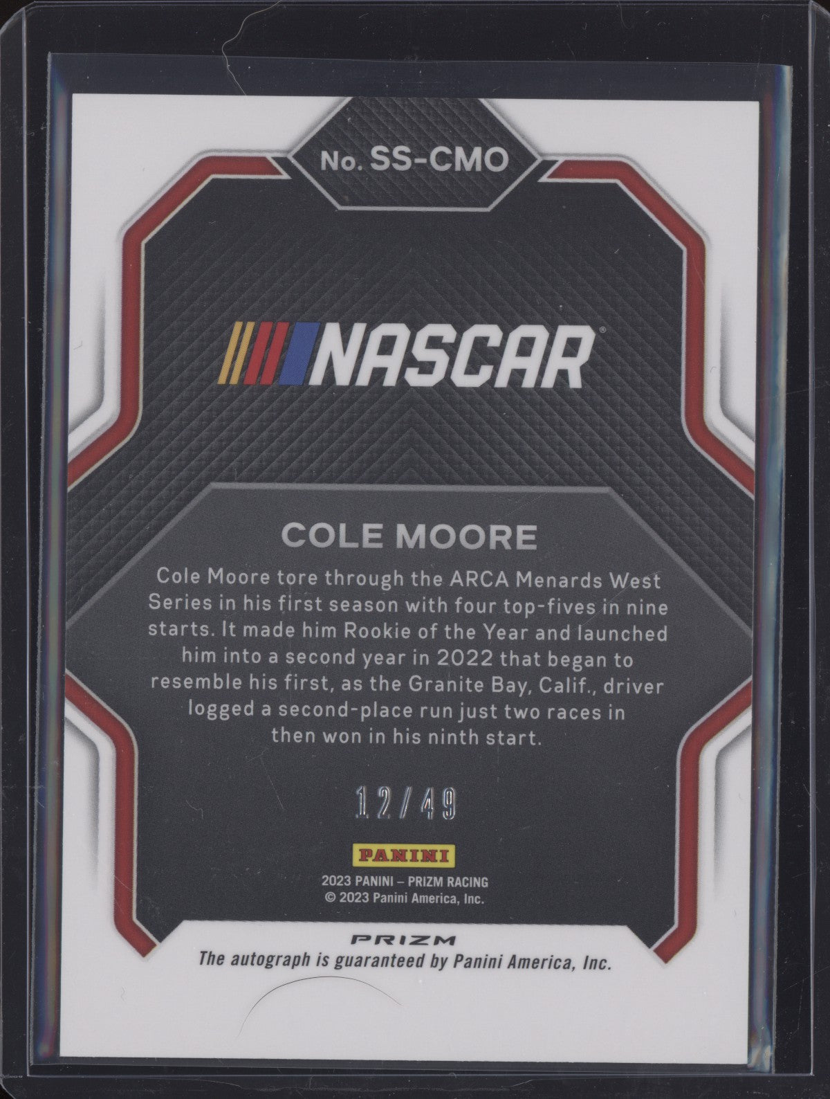 Cole Moore 2023 Panini Prizm Racing Spotlight Signatures Blue Reactive 12/49